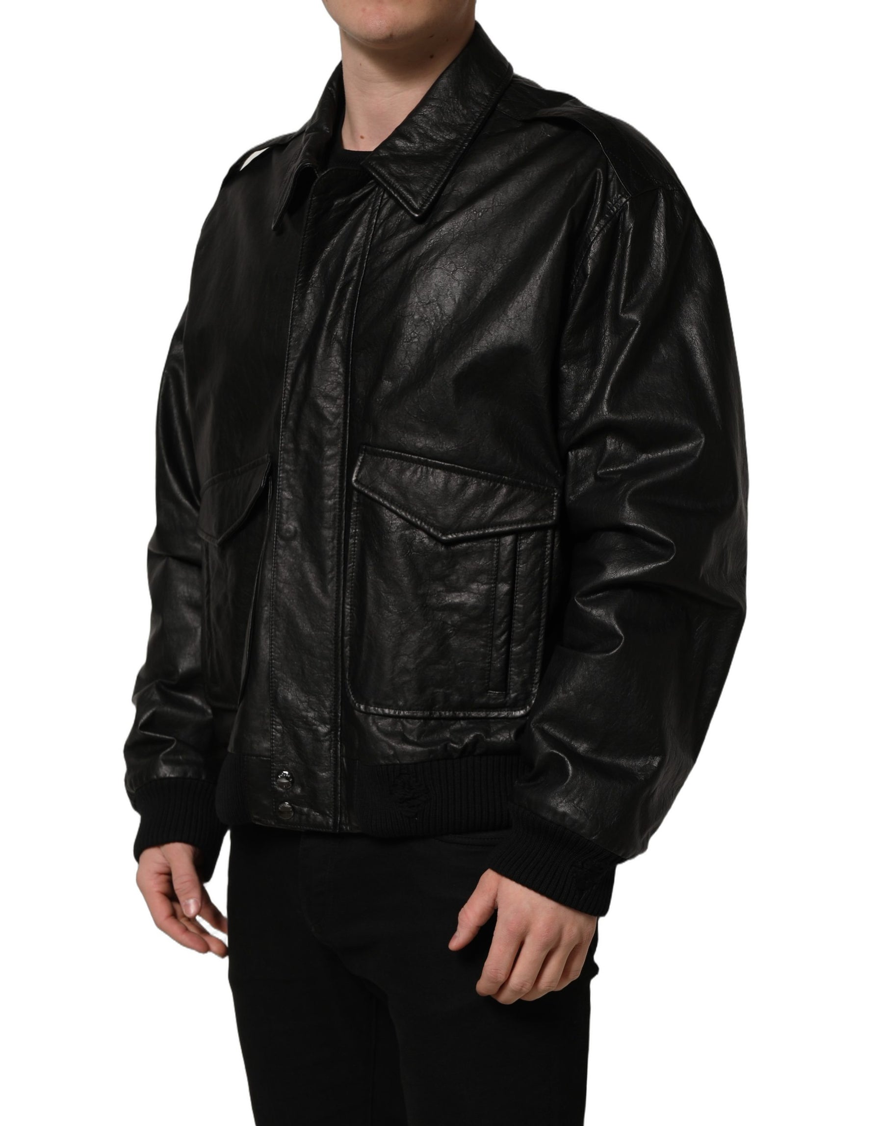 Dolce & Gabbana Black Leather Full Zip Men Biker Jacket | Regal Royce