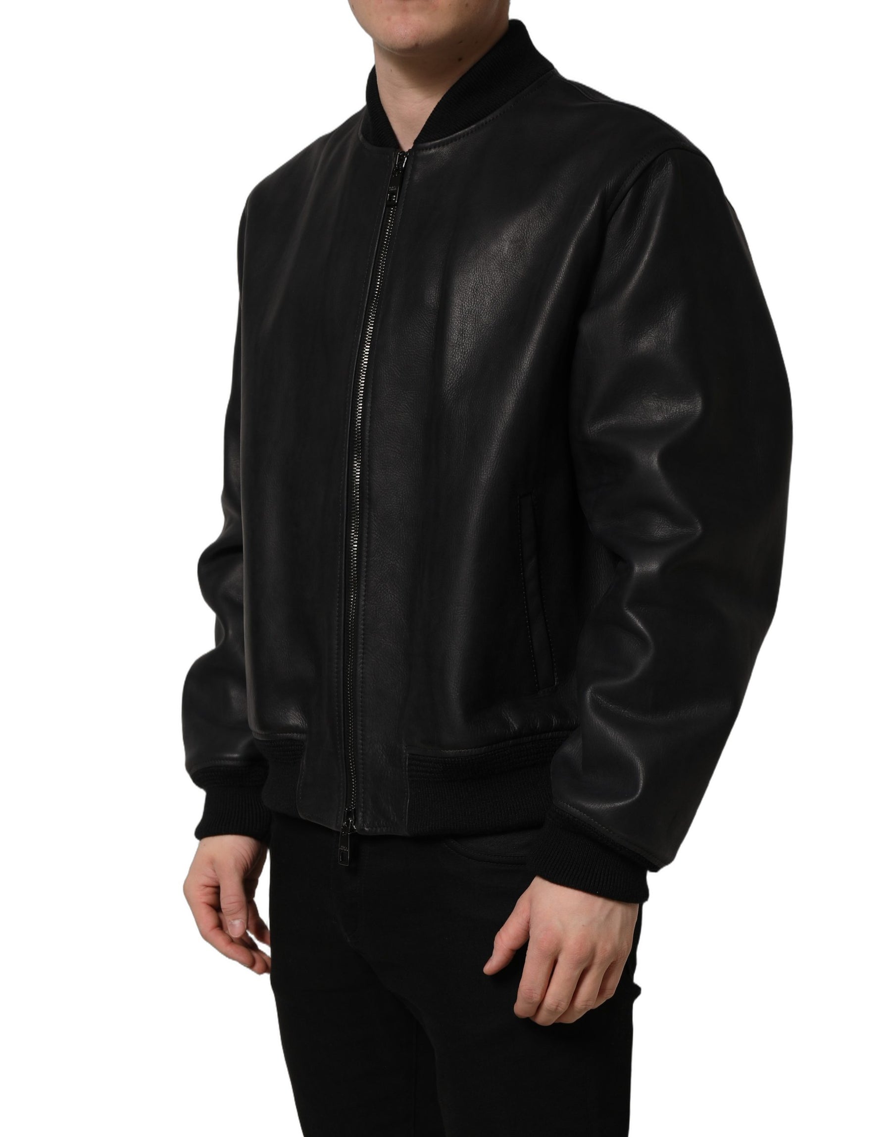 Dolce & Gabbana Black Leather Full Zip Men Biker Jacket | Regal Royce