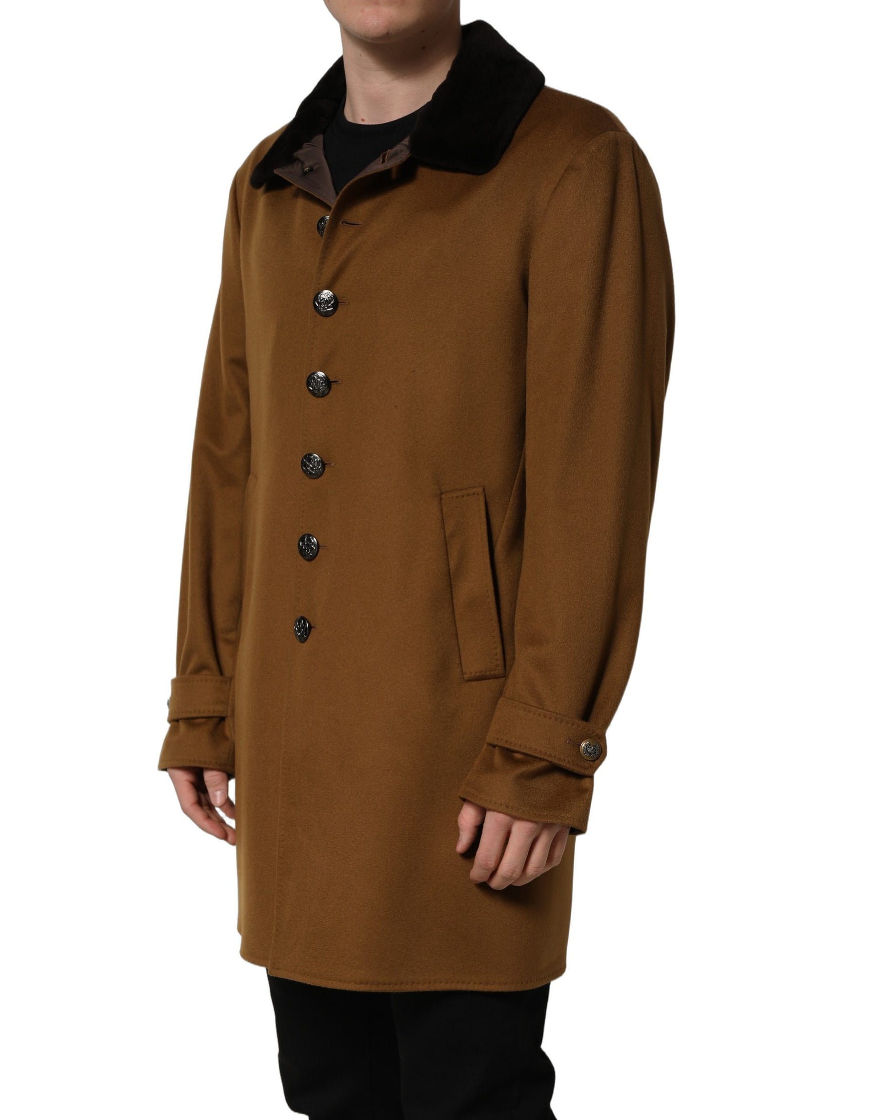 Dolce & Gabbana Brown Cashmere Mink Fur Men Overcoat Jacket | Regal Royce
