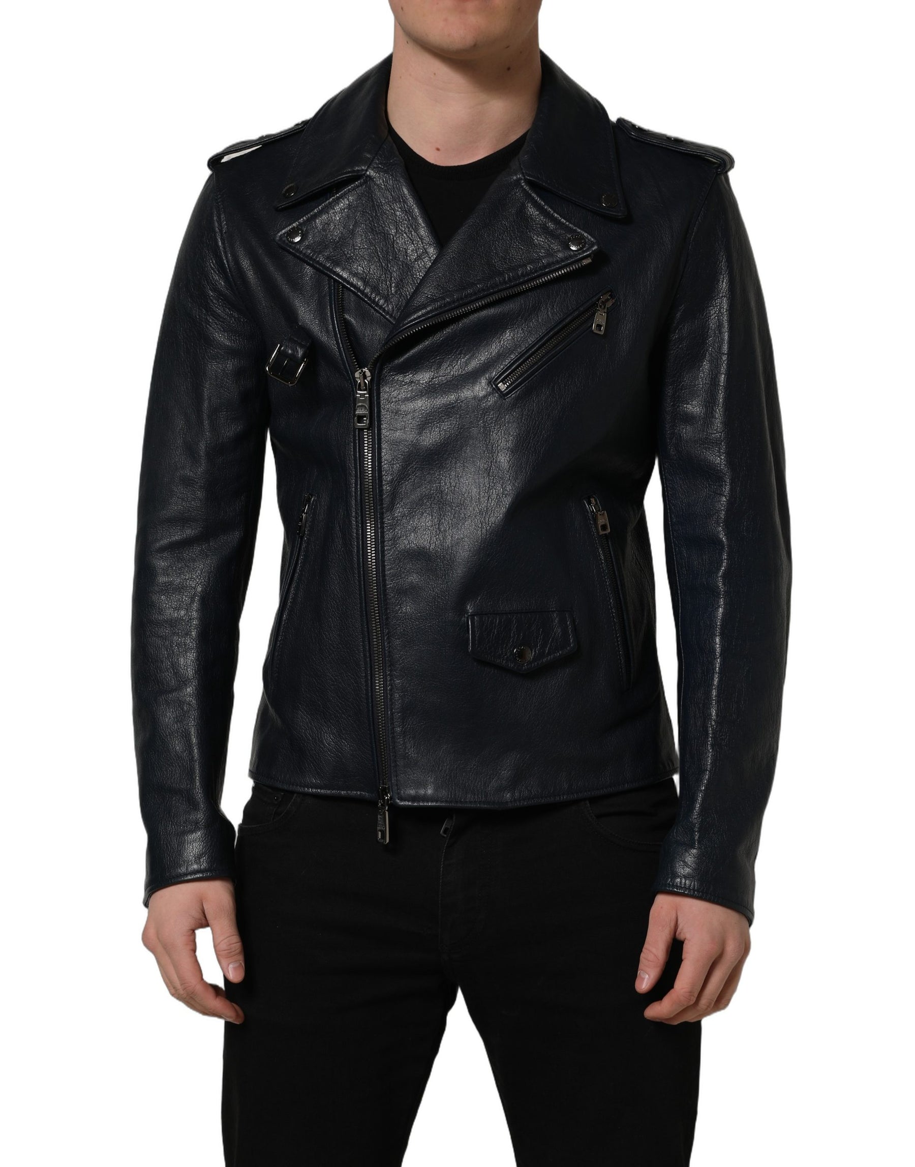 Dolce & Gabbana Black Leather Men Biker Coat Goatskin Jacket | Regal Royce