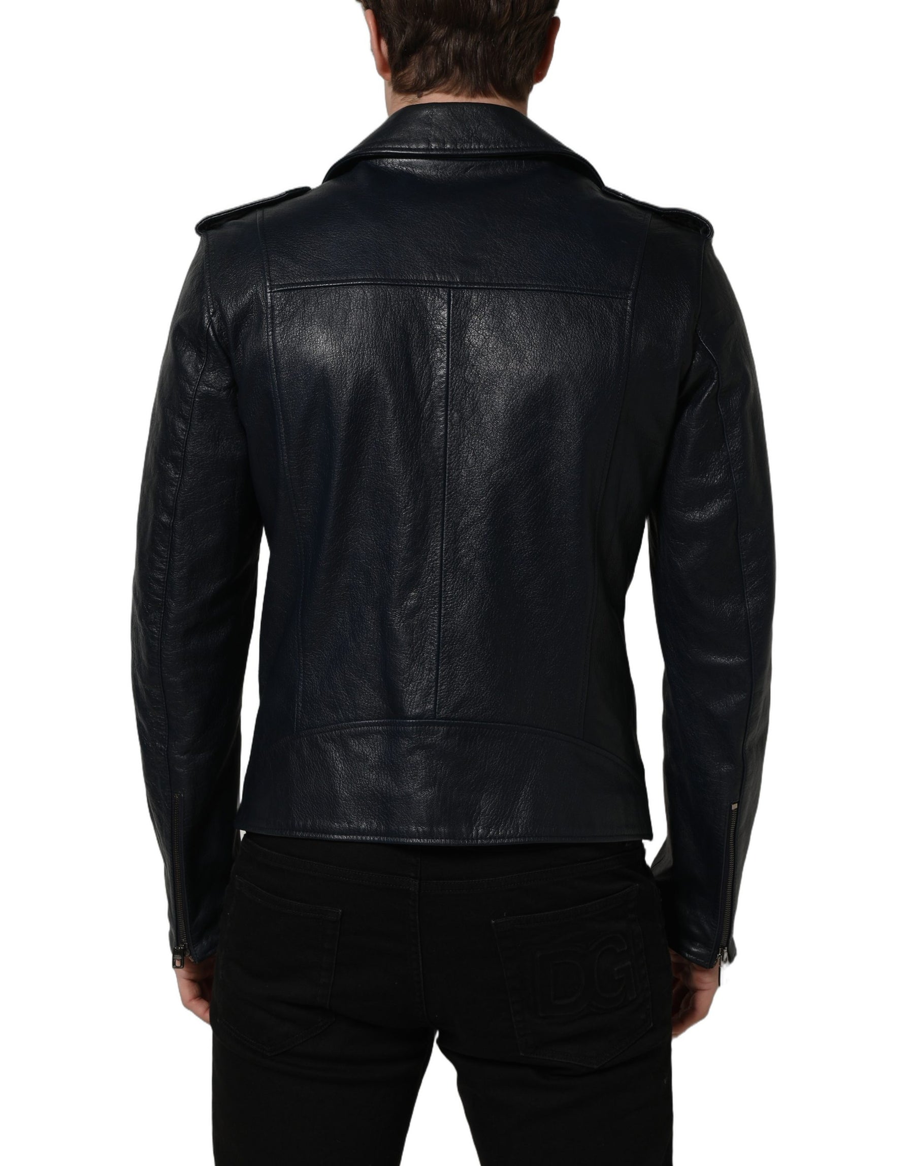 Dolce & Gabbana Black Leather Men Biker Coat Goatskin Jacket | Regal Royce