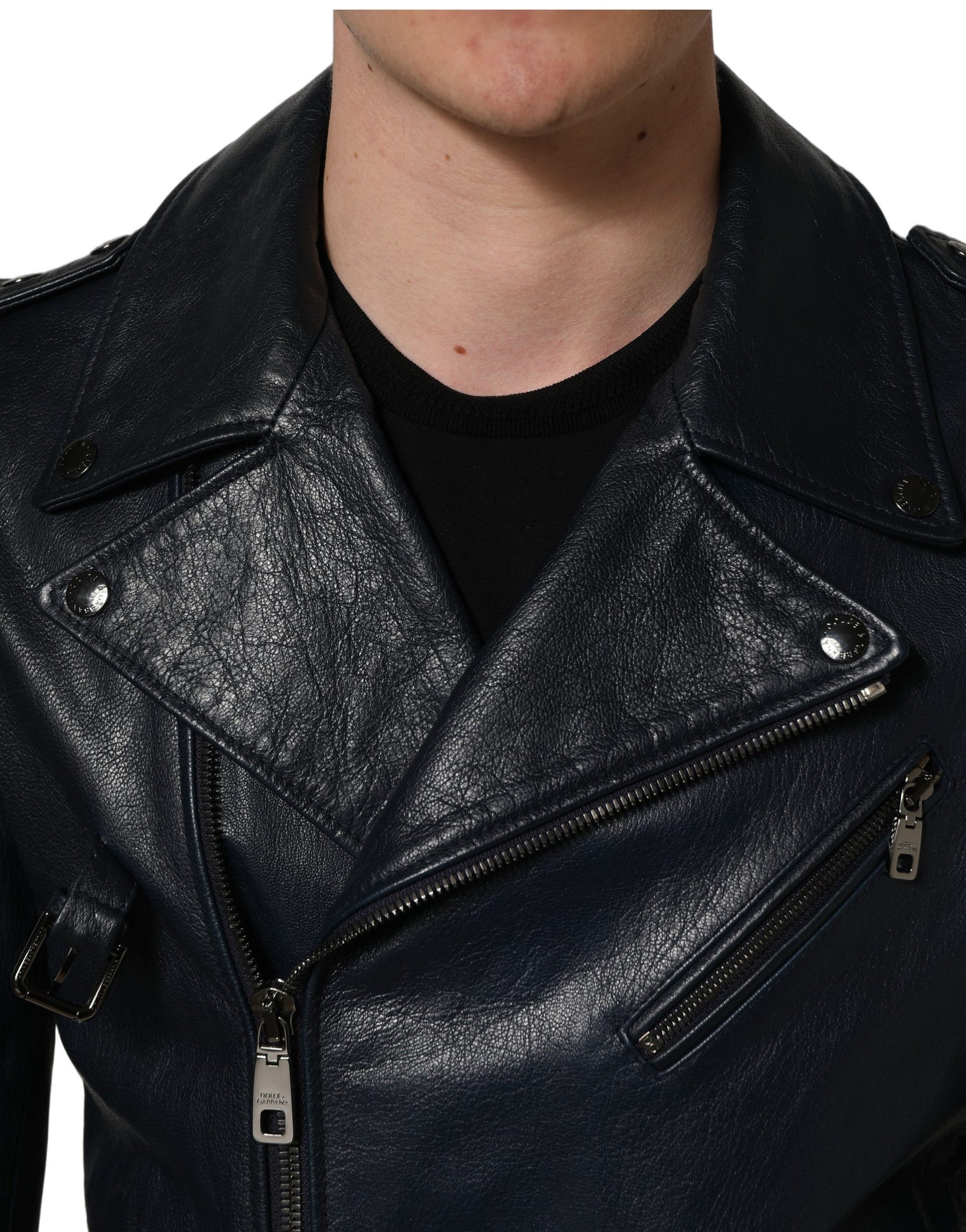 Dolce & Gabbana Black Leather Men Biker Coat Goatskin Jacket | Regal Royce