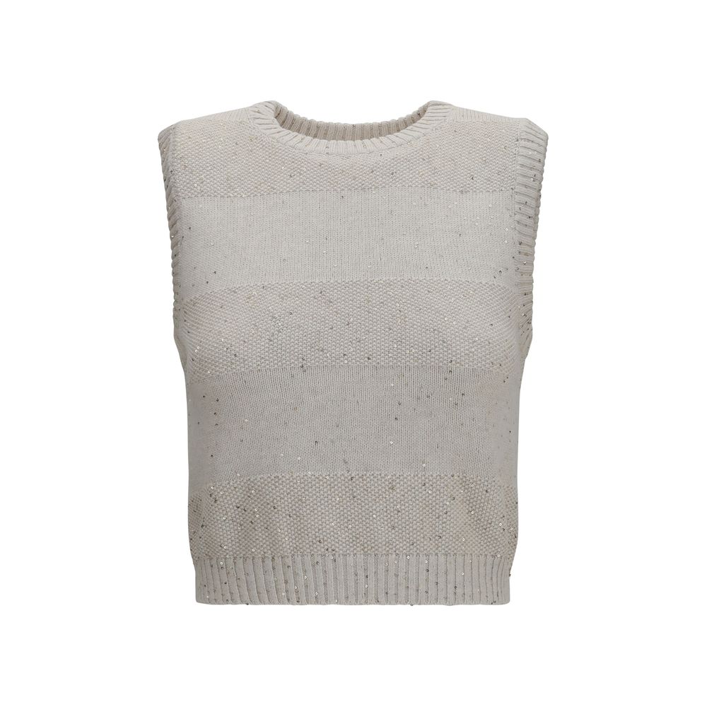 Brunello Cucinelli Beige Cotton Sleeveles Sweater | Regal Royce
