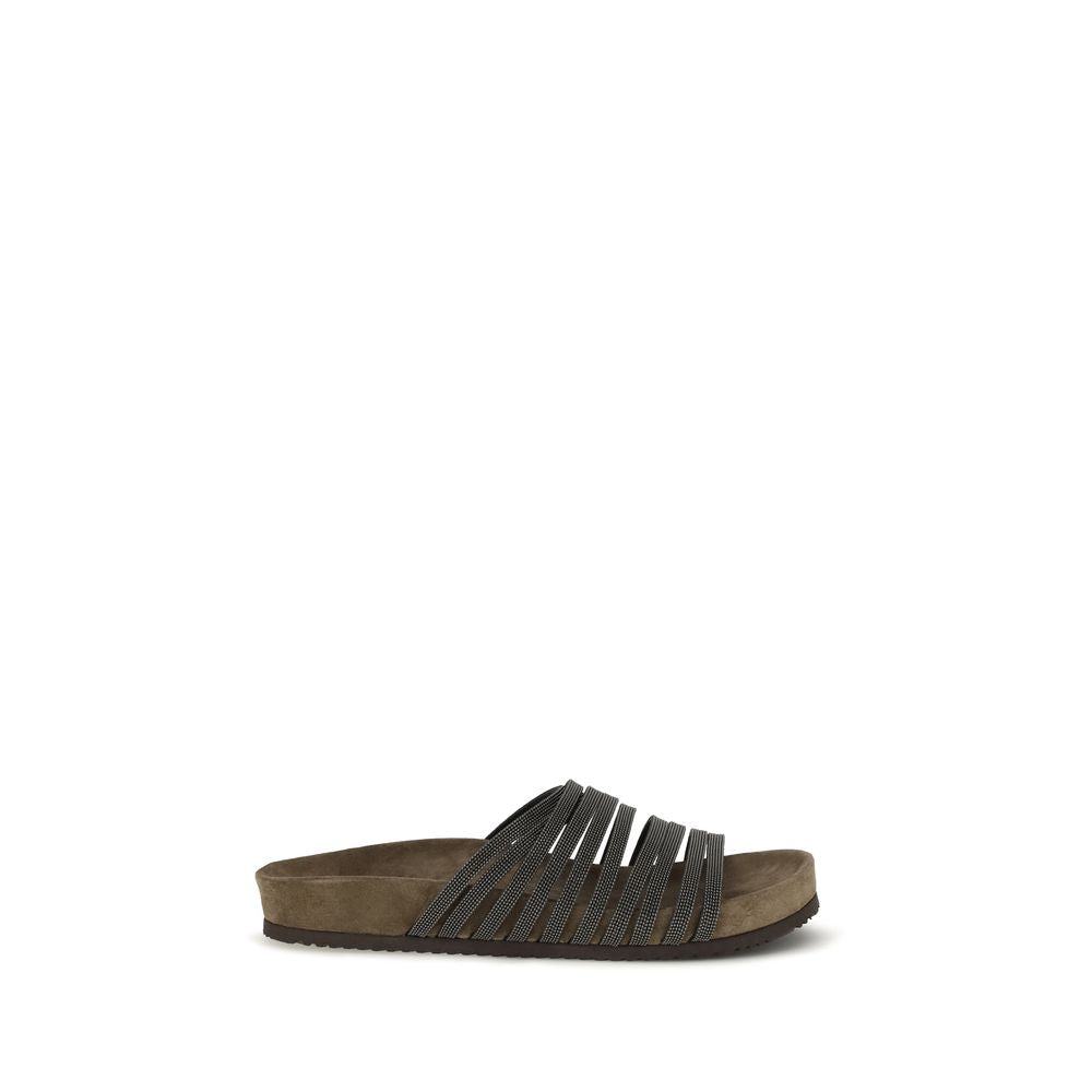 Brunello Cucinelli Black Calf Leather Bos Taurus Flat Sandals | Regal Royce