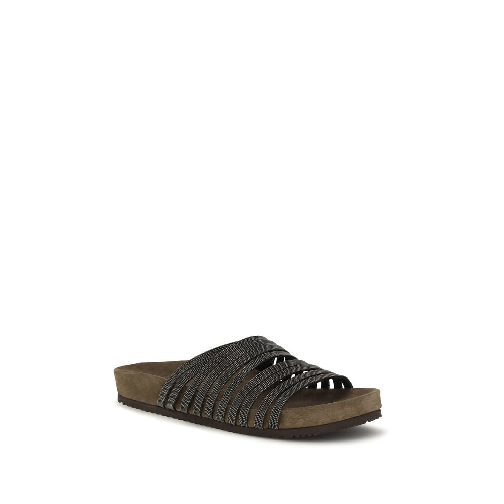 Brunello Cucinelli Black Calf Leather Bos Taurus Flat Sandals | Regal Royce