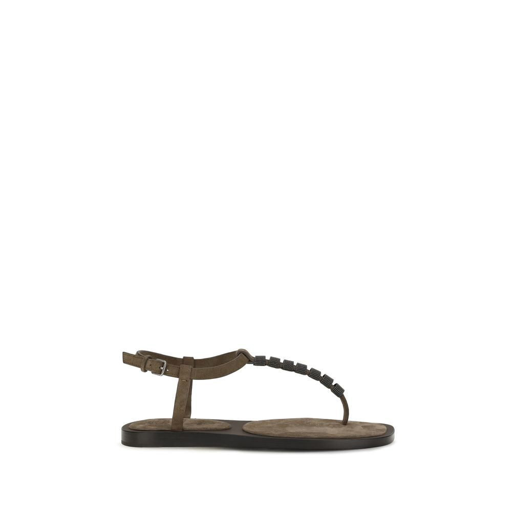 Brunello Cucinelli Brown Calf Leather Bos Taurus Flat Sandals | Regal Royce