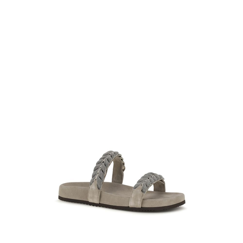 Brunello Cucinelli Gray Calf Leather Bos Taurus Flat Sandals | Regal Royce