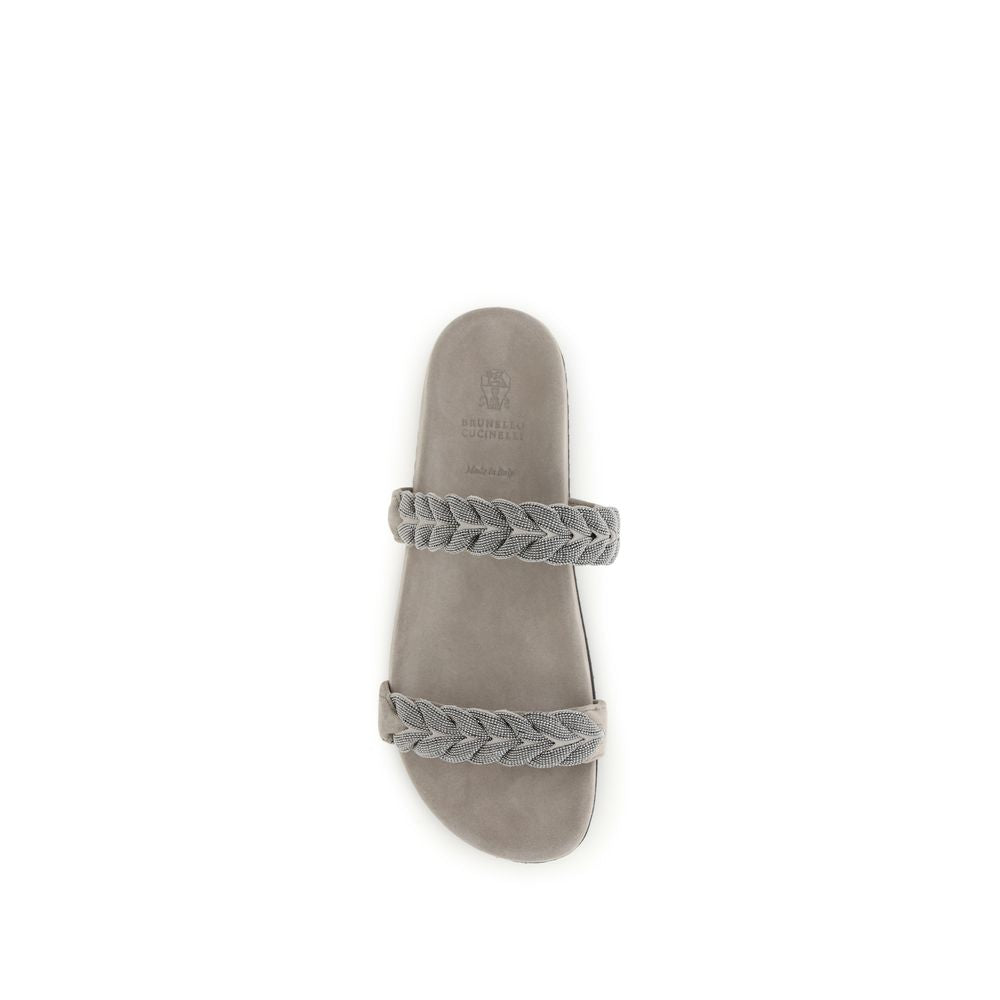 Brunello Cucinelli Gray Calf Leather Bos Taurus Flat Sandals | Regal Royce