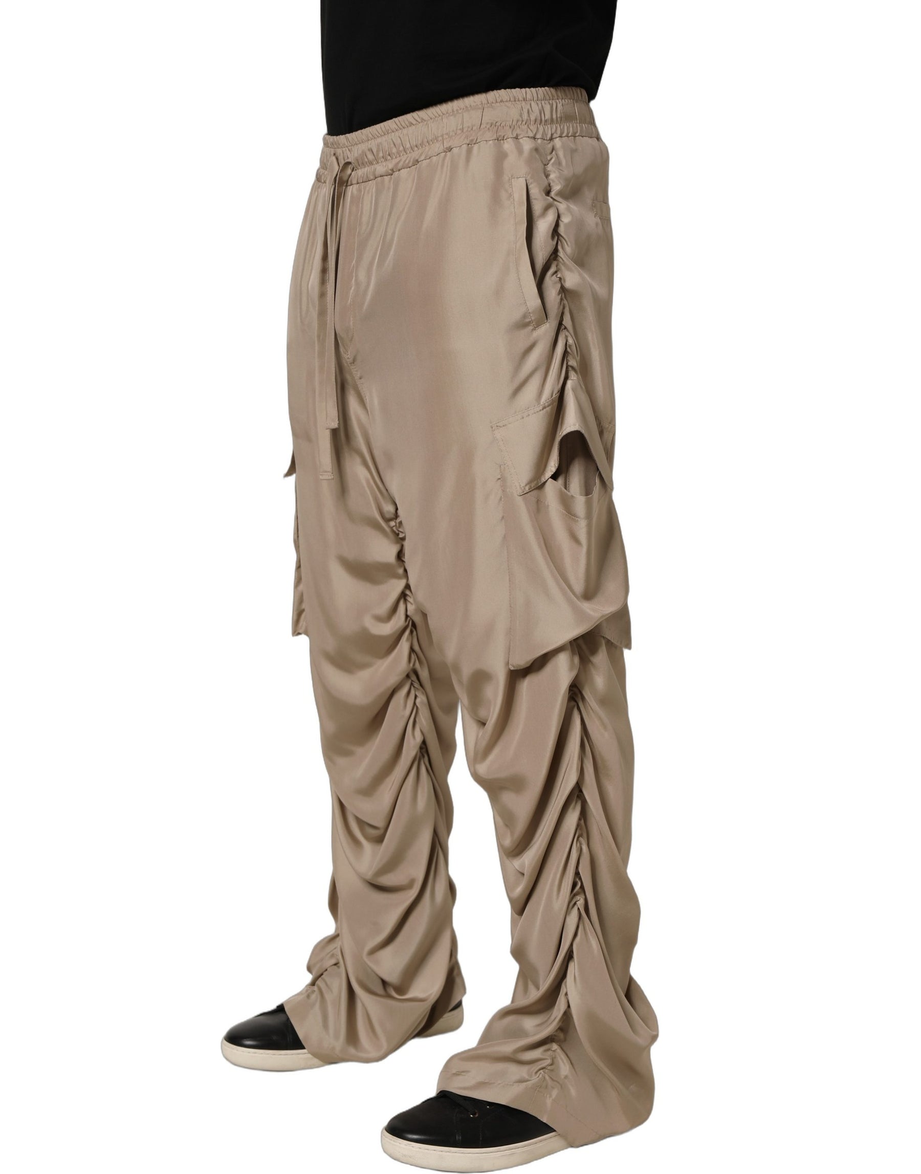 Dolce & Gabbana Brown Ruched Cargo Parachute Men Jogger Pants | Regal Royce