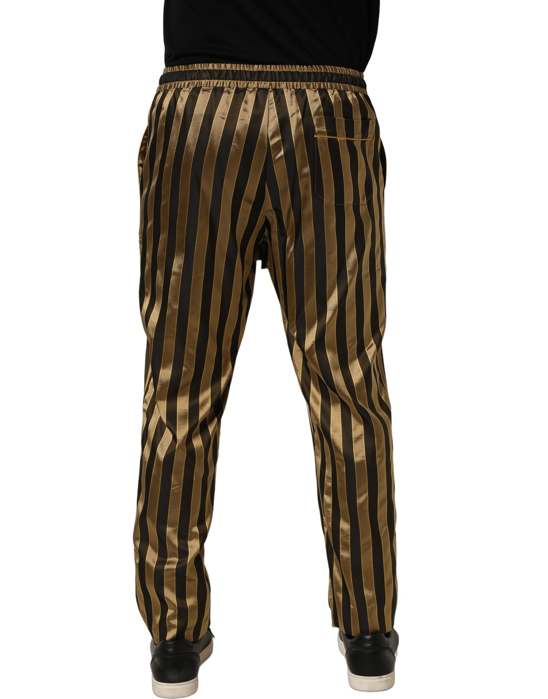 Dolce & Gabbana Gold Black Stripe Satin Tapered Leg Men Pants | Regal Royce