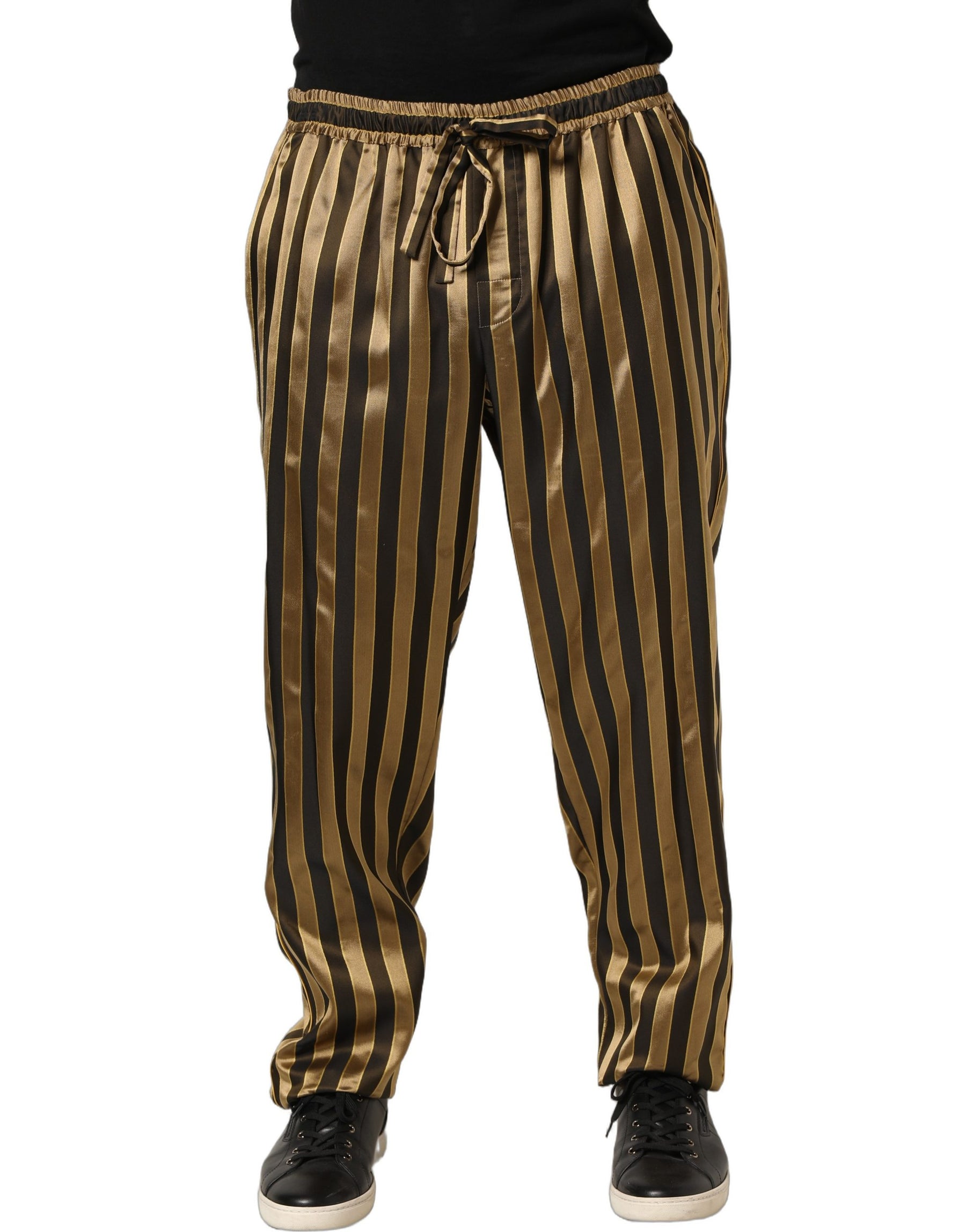 Dolce & Gabbana Gold Black Stripes Satin Tapered Leg Pants | Regal Royce