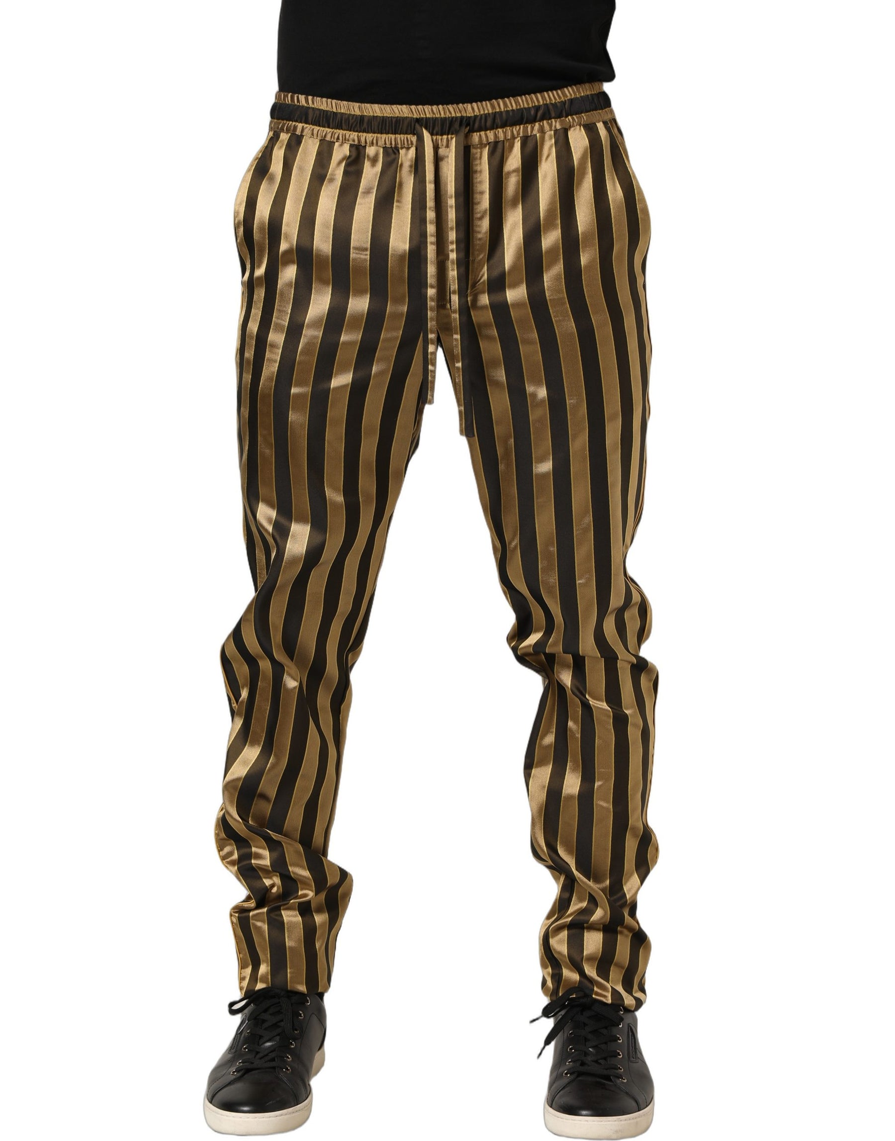 Dolce & Gabbana Gold Black Stripes Satin Tapered Leg Men Pants | Regal Royce