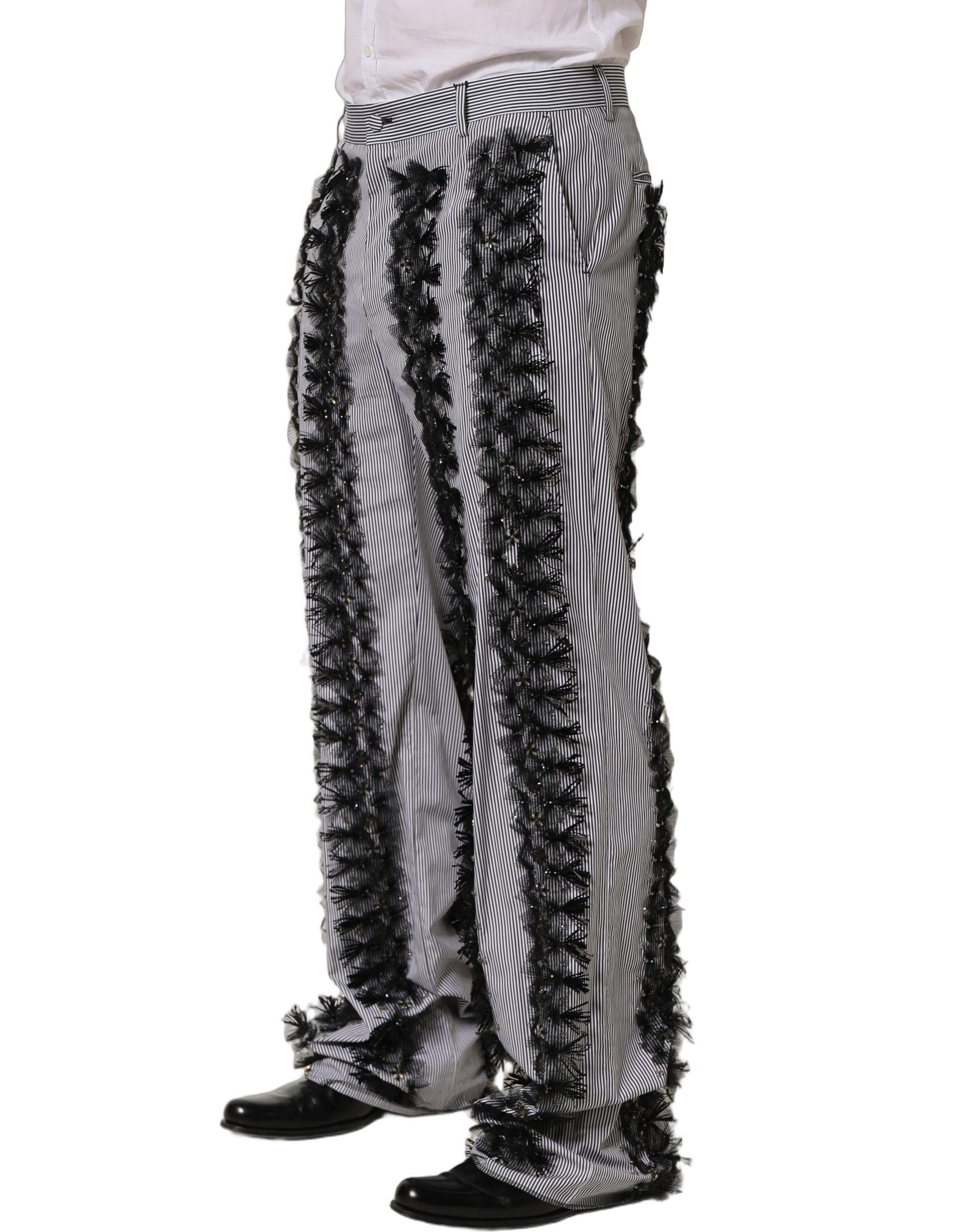 Dolce & Gabbana BlackGray Pinstripe Embellished Trouser Pants | Regal Royce