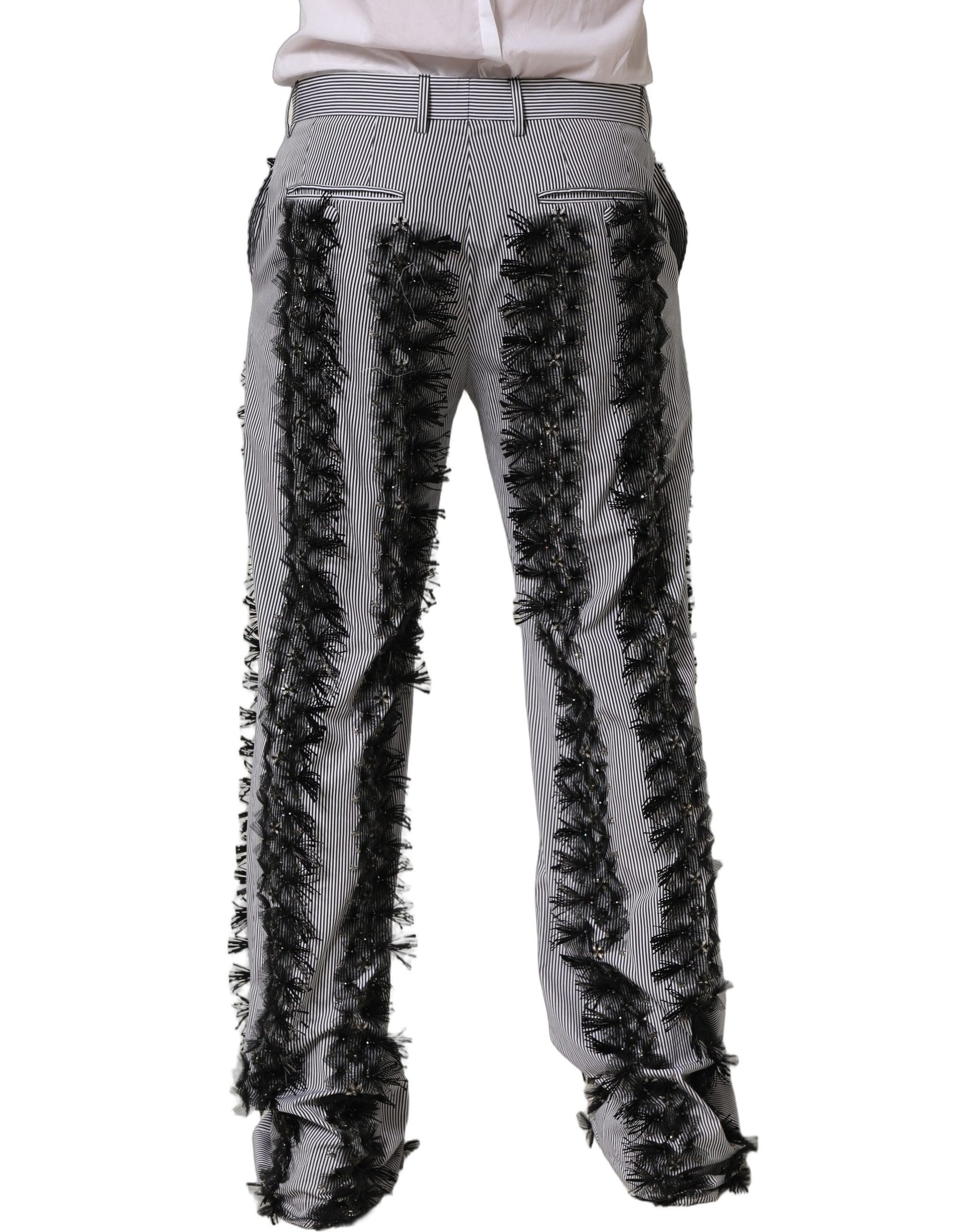 Dolce & Gabbana BlackGray Pinstripe Embellished Trouser Pants | Regal Royce