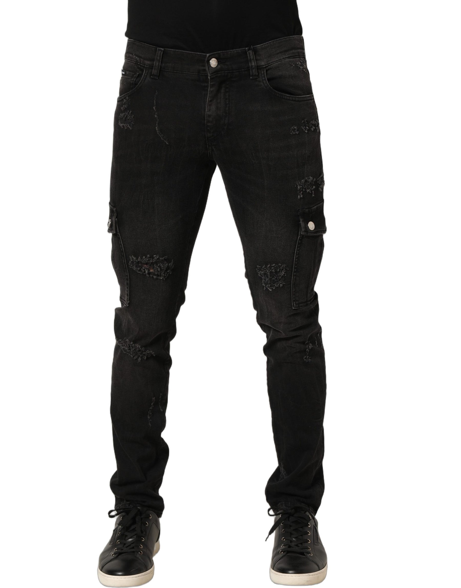 Dolce & Gabbana Black Distressed Cargo Cotton Men Denim Jeans | Regal Royce