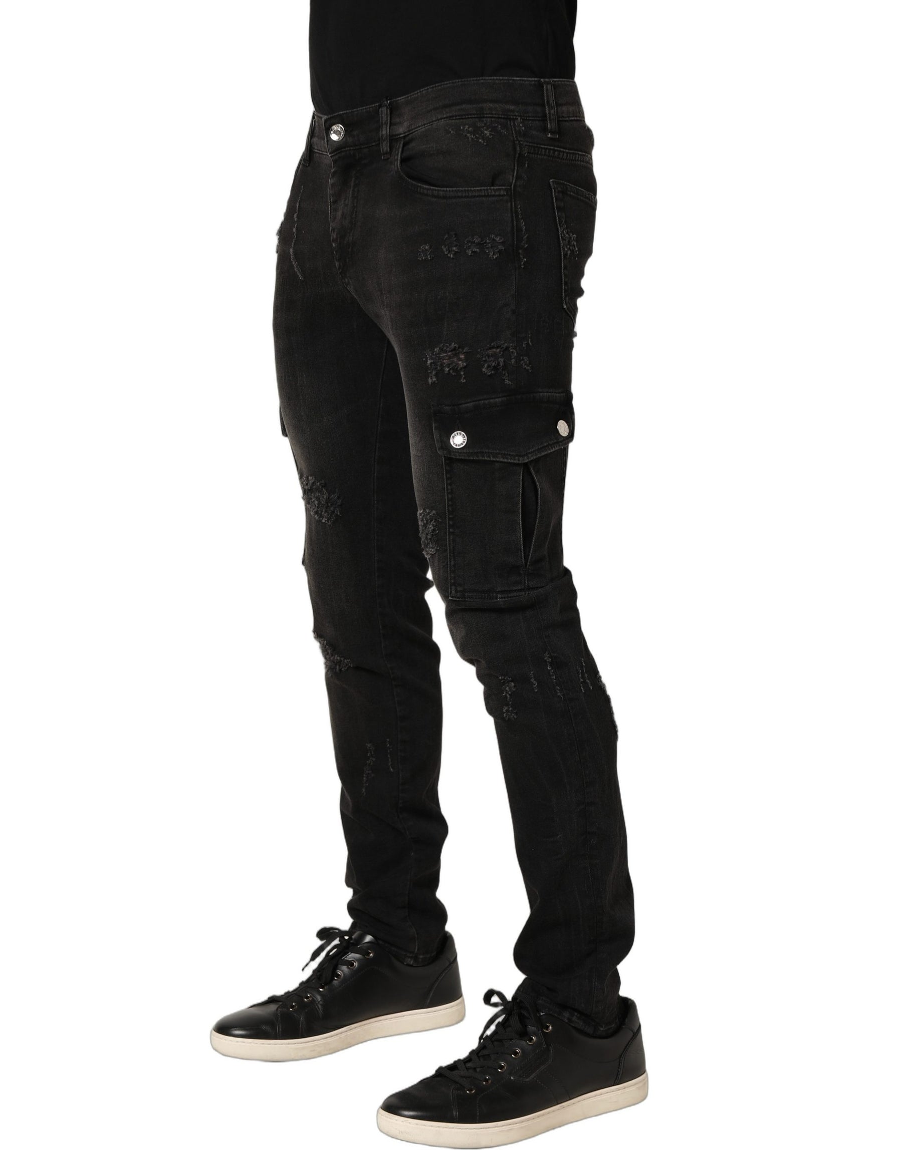 Dolce & Gabbana Black Distressed Cargo Cotton Men Denim Jeans | Regal Royce