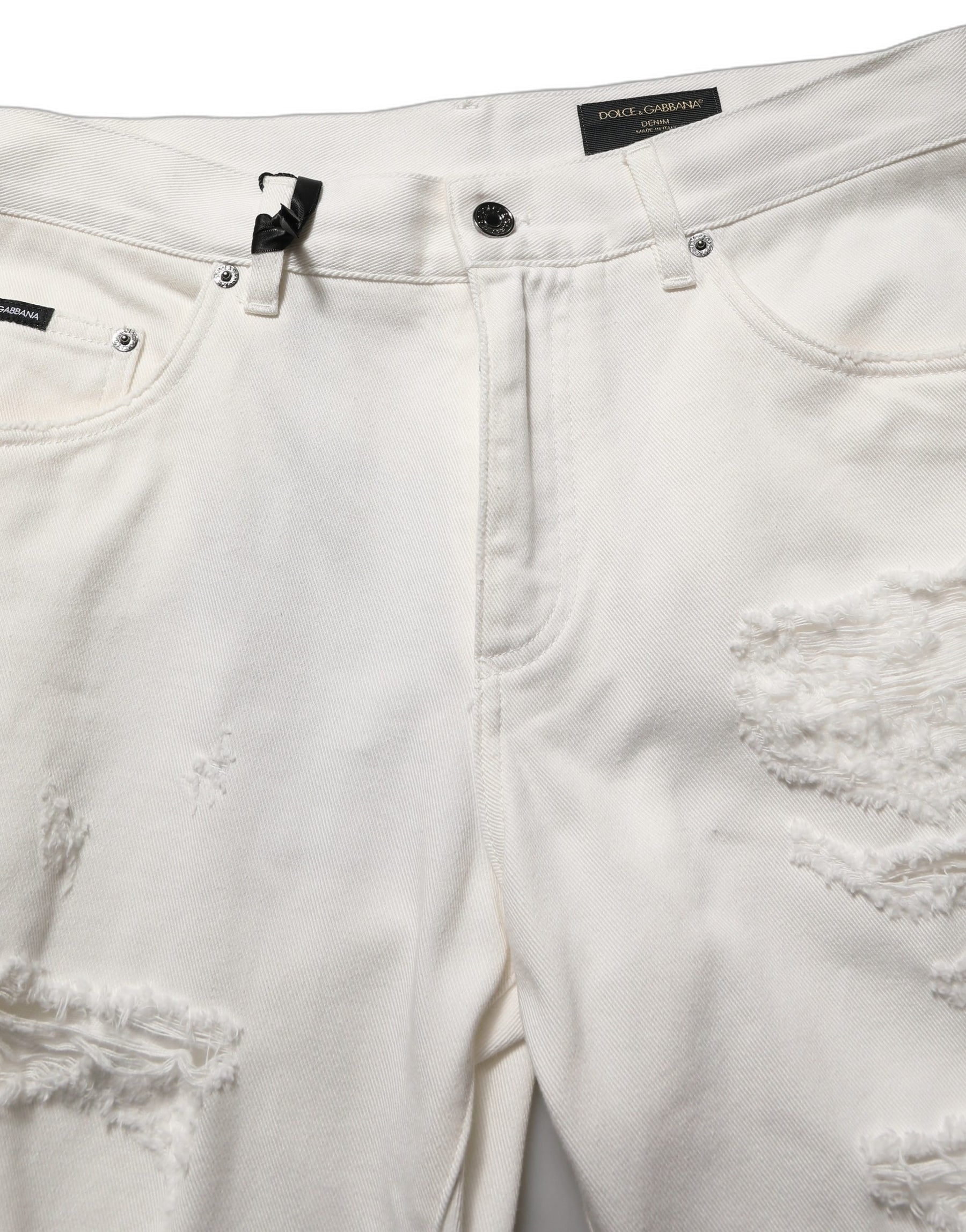 Dolce & Gabbana White Cotton Distressed Straight Denim Jeans | Regal Royce