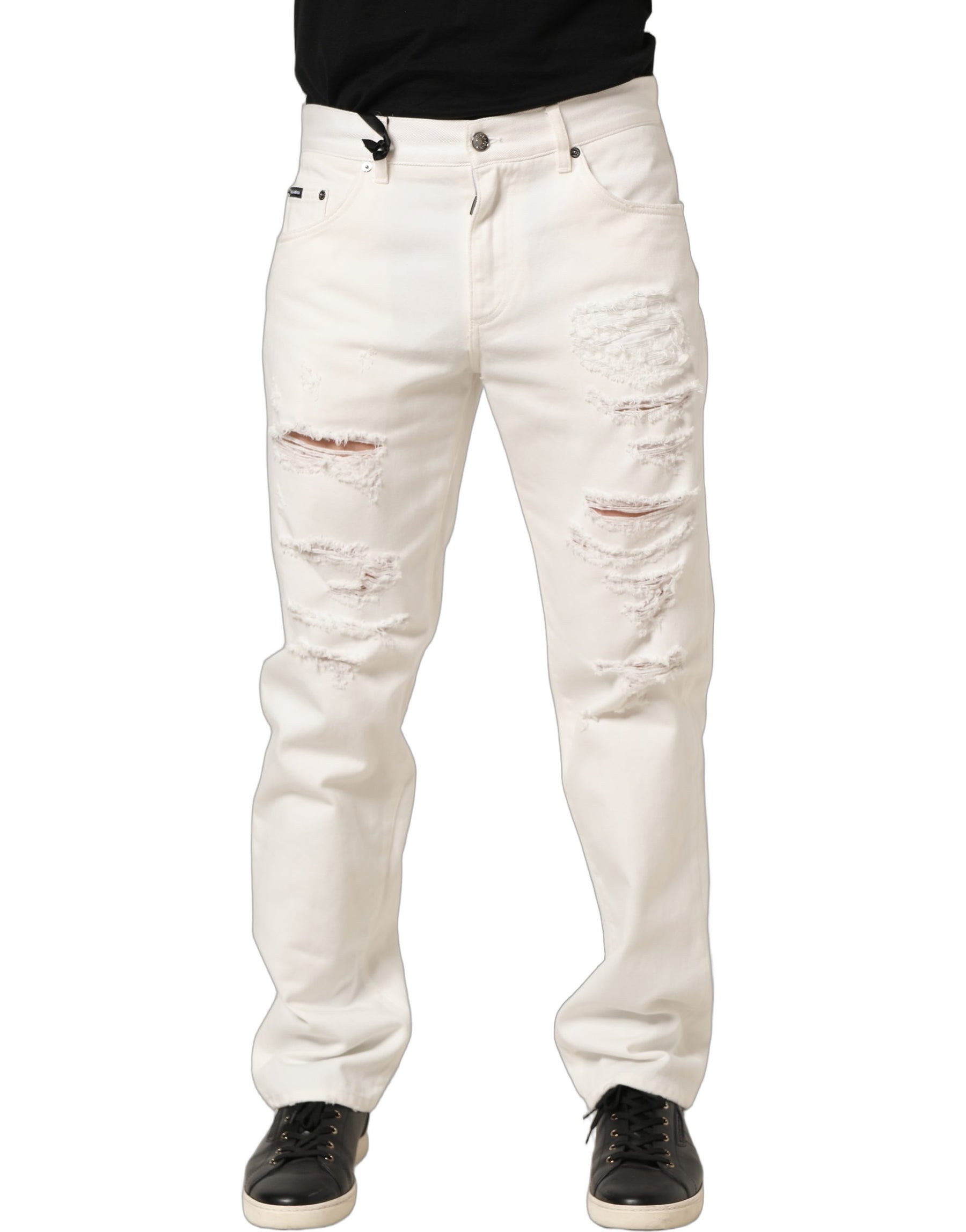 Dolce & Gabbana White Cotton Distressed Straight Denim Jeans | Regal Royce