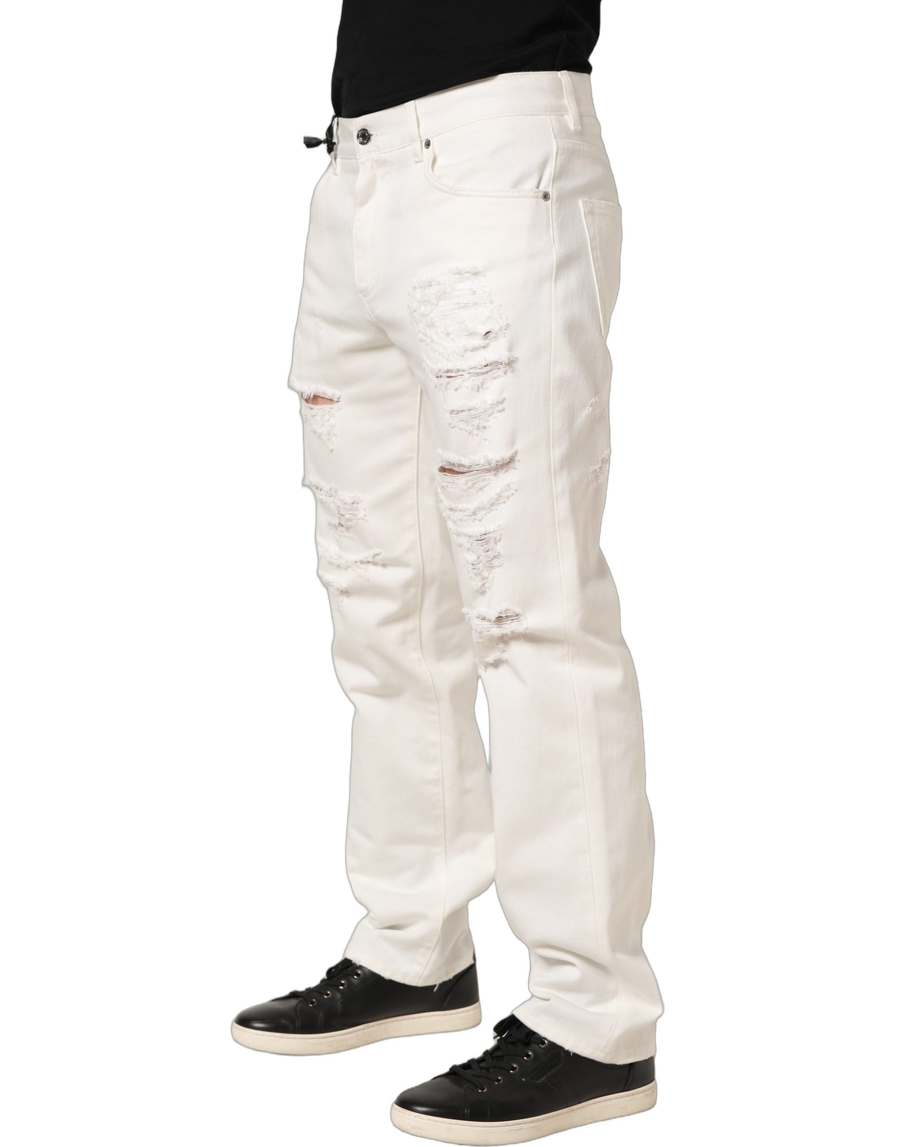 Dolce & Gabbana White Cotton Distressed Straight Denim Jeans | Regal Royce