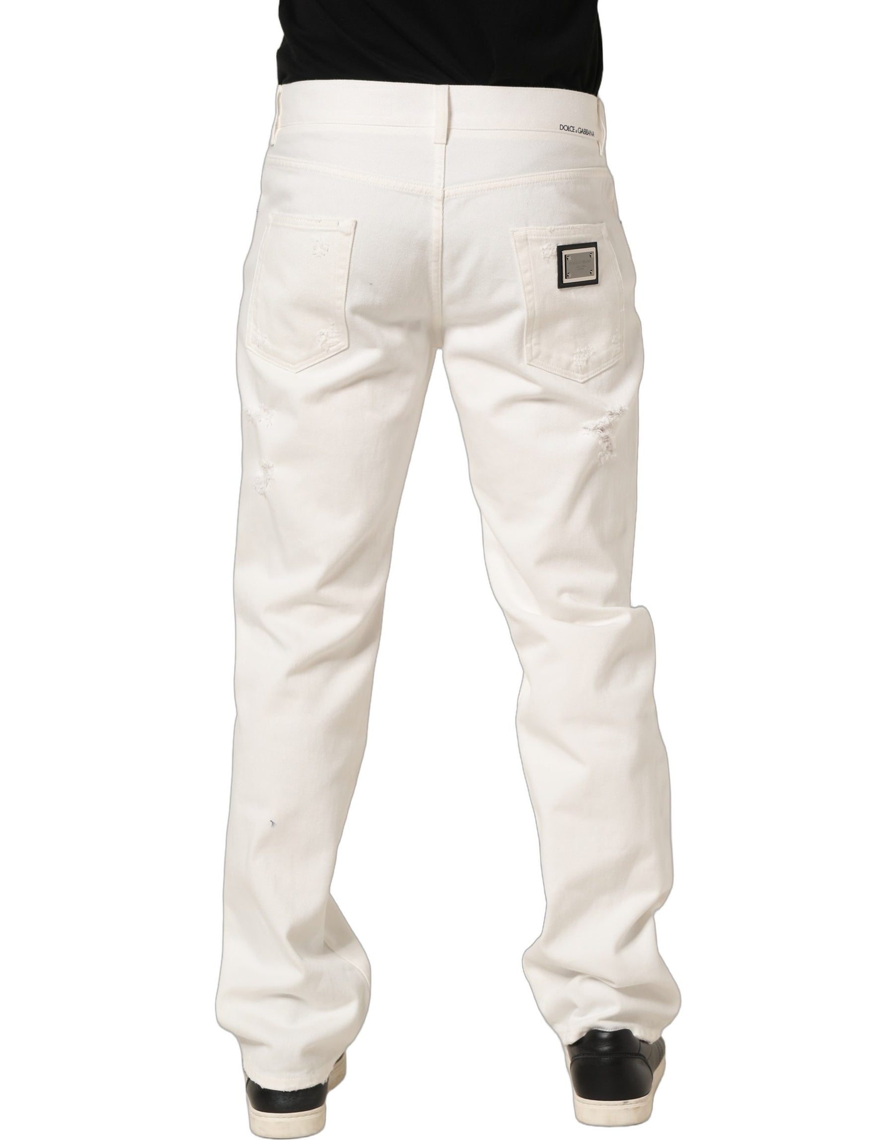 Dolce & Gabbana White Cotton Distressed Straight Denim Jeans | Regal Royce