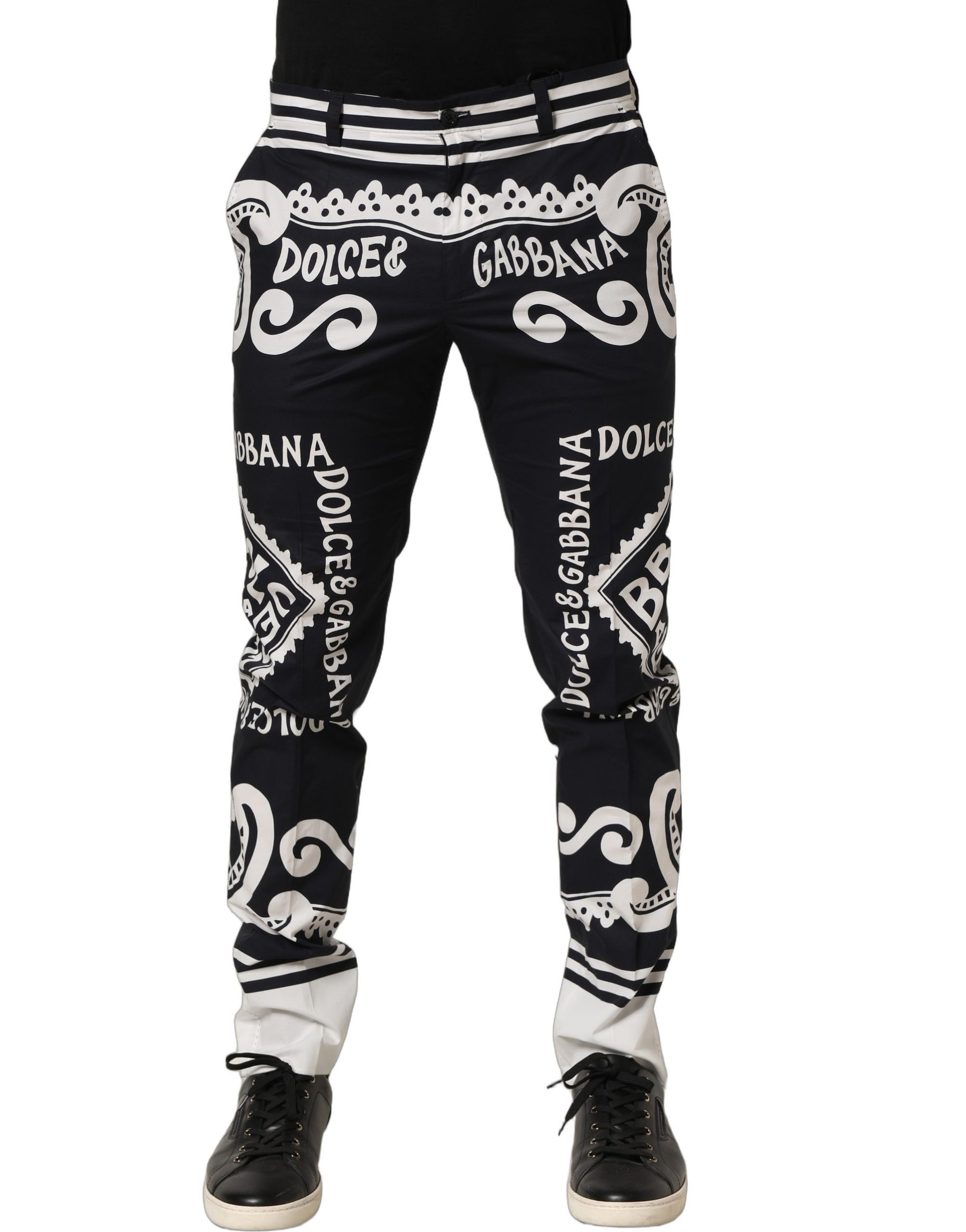 Dolce & Gabbana Black Cotton Poplin MarinaPrint Trouser Pants | Regal Royce