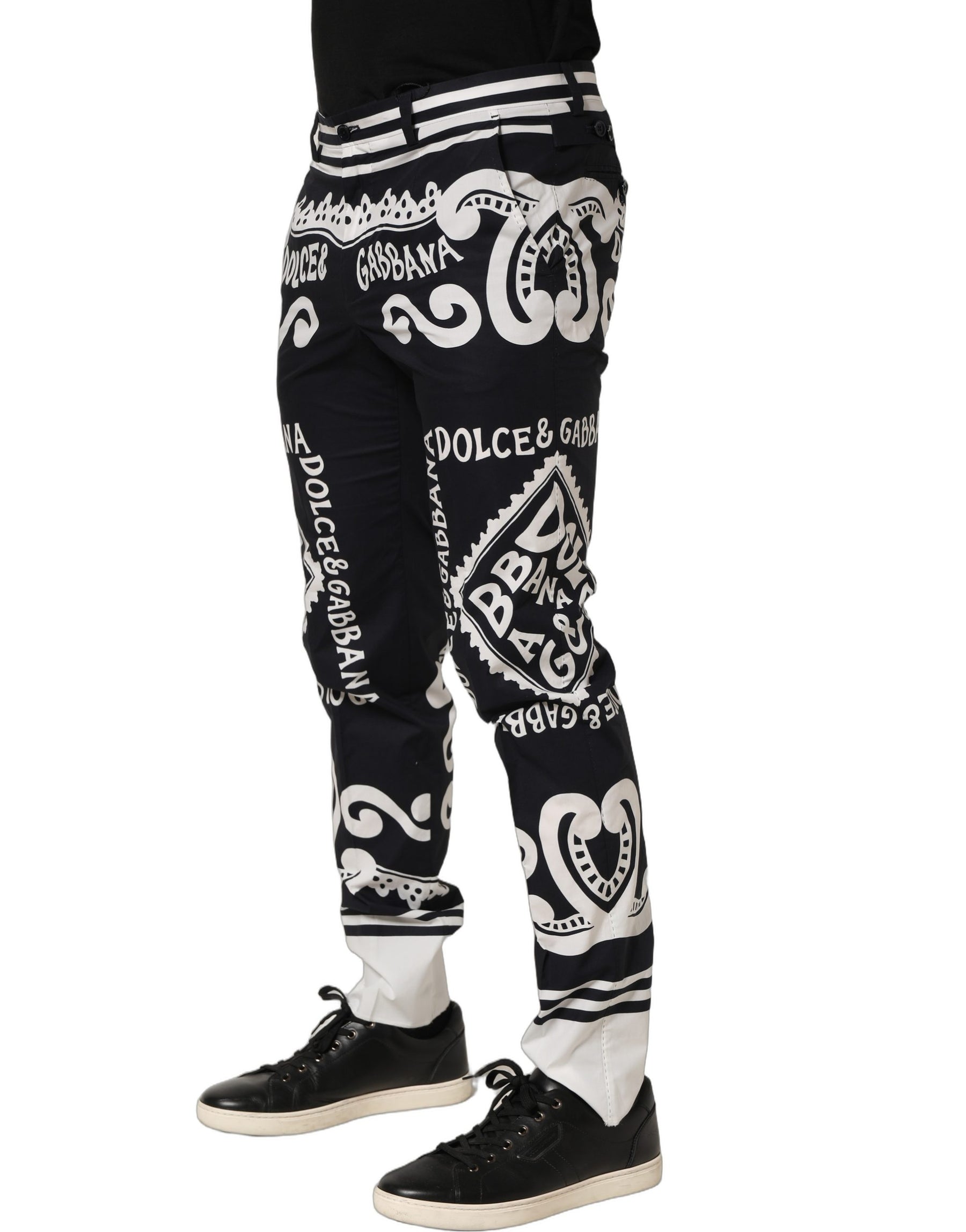 Dolce & Gabbana Black Cotton Poplin MarinaPrint Trouser Pants | Regal Royce