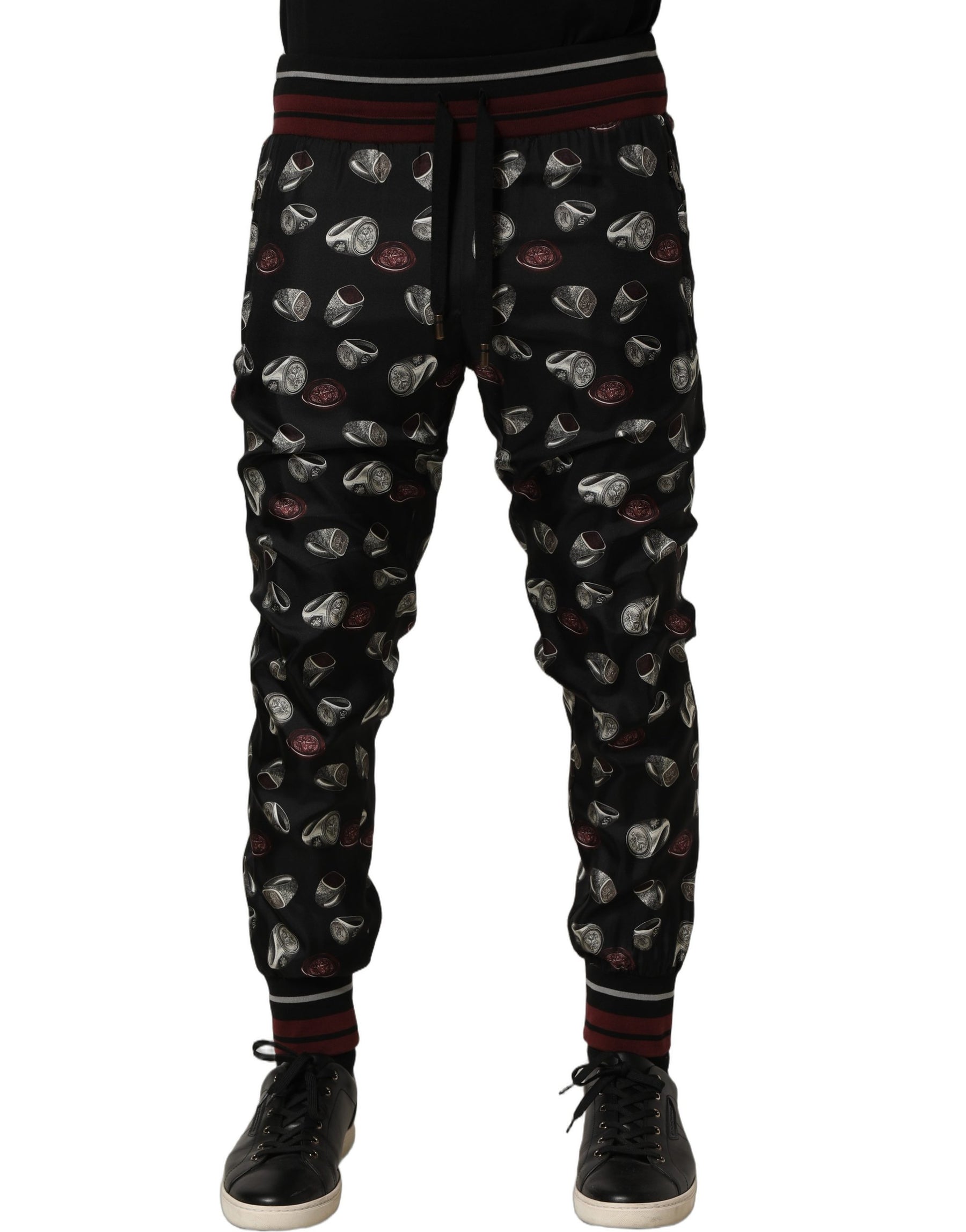 Dolce & Gabbana Pants Black Ring Print Silk Jogging Trousers | Regal Royce