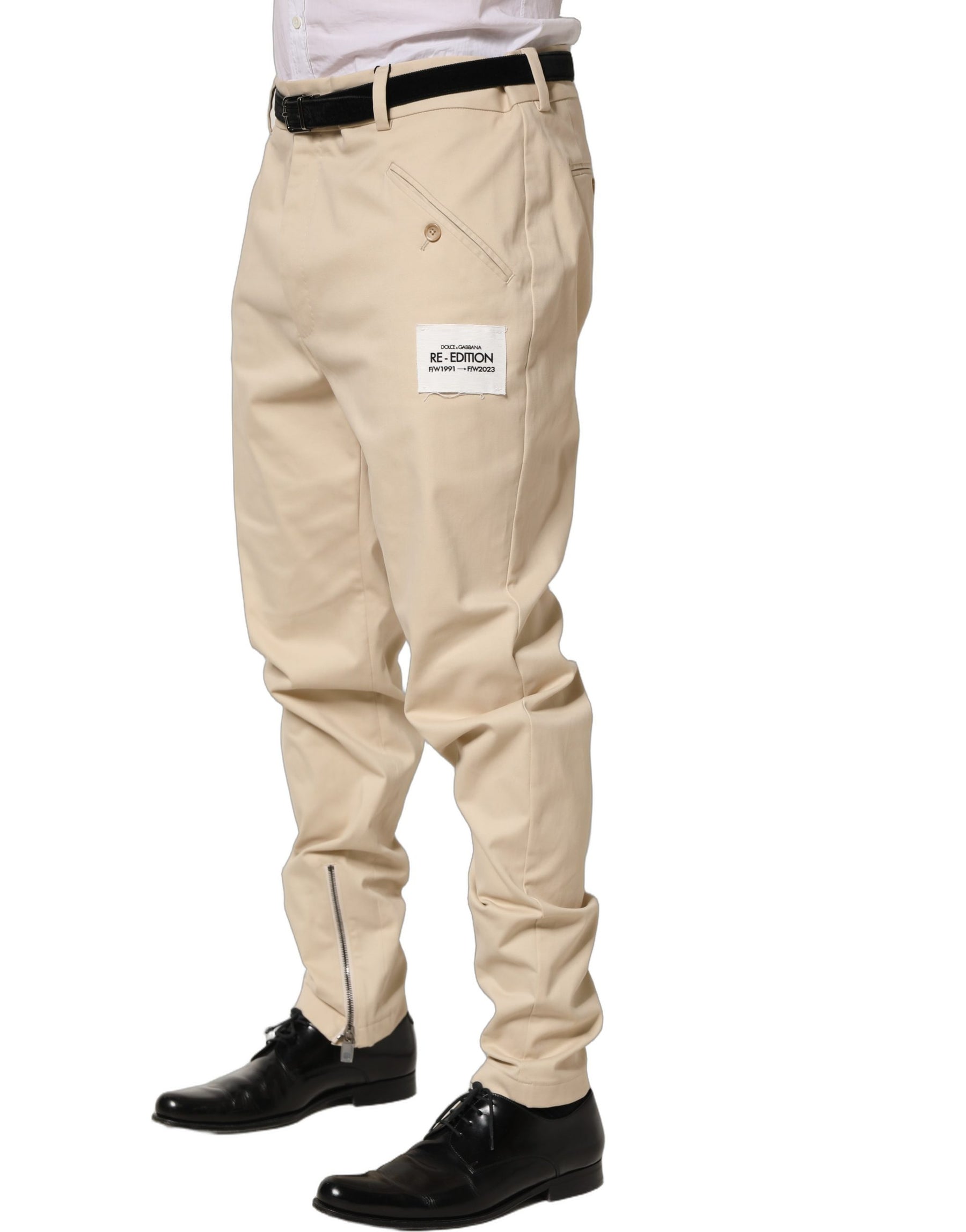 Dolce & Gabbana Beige Re-Editon Mid Waist Tapered Men Pants | Regal Royce
