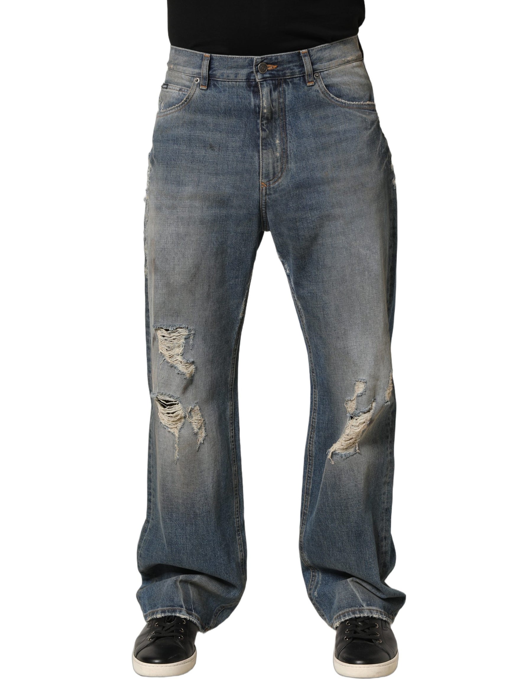 Dolce & Gabbana Blue Cotton Distressed Straight Denim Jeans | Regal Royce