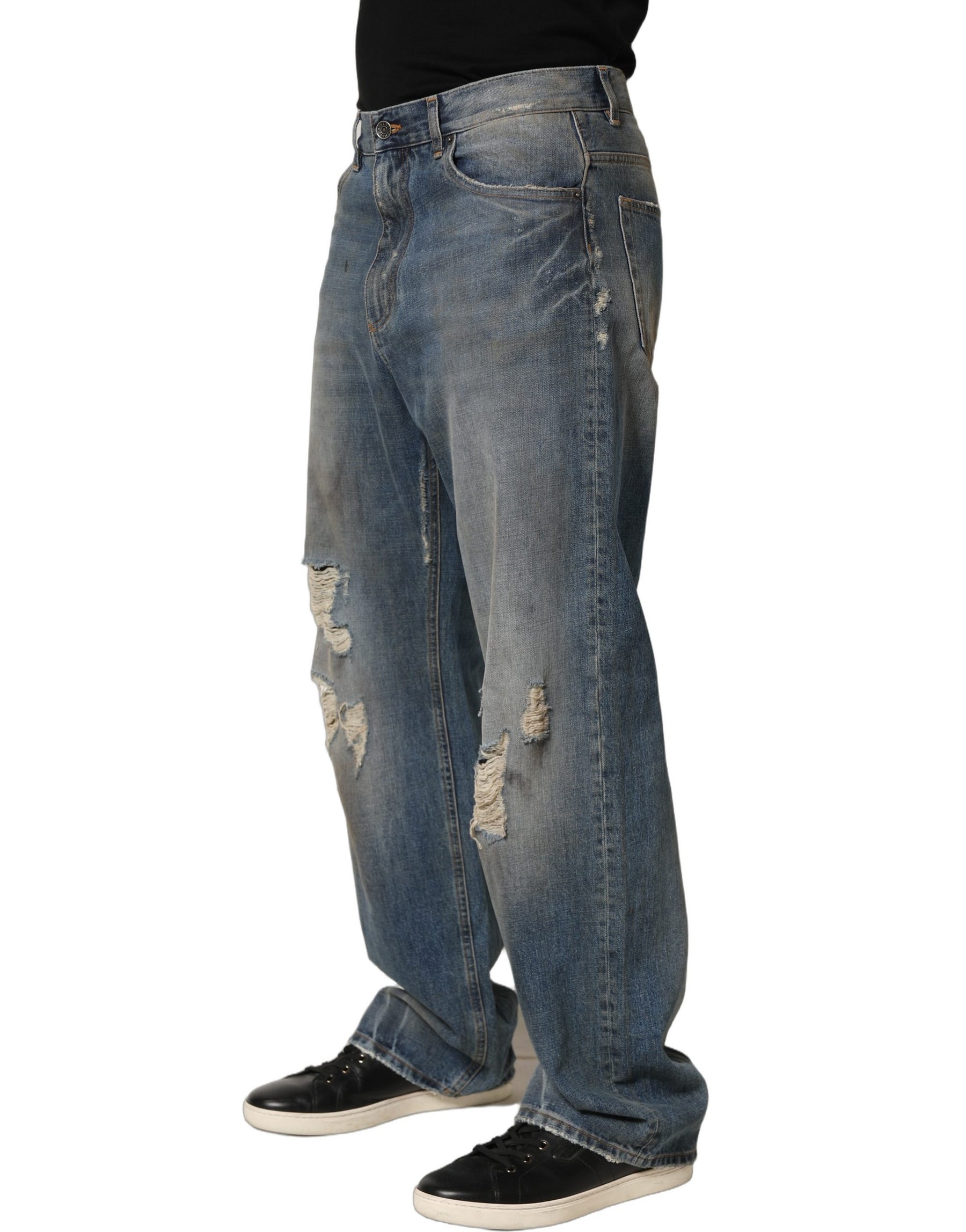 Dolce & Gabbana Blue Cotton Distressed Straight Denim Jeans | Regal Royce