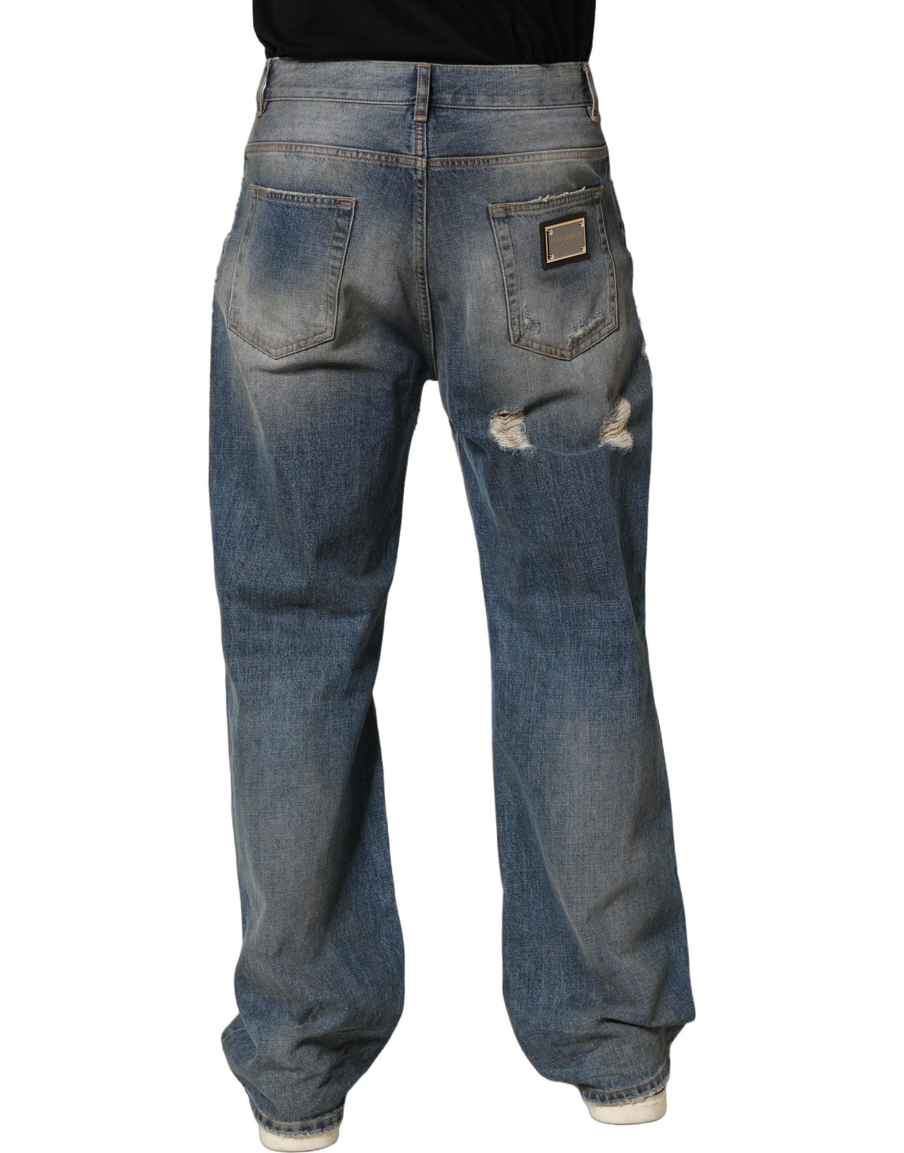 Dolce & Gabbana Blue Cotton Distressed Straight Denim Jeans | Regal Royce