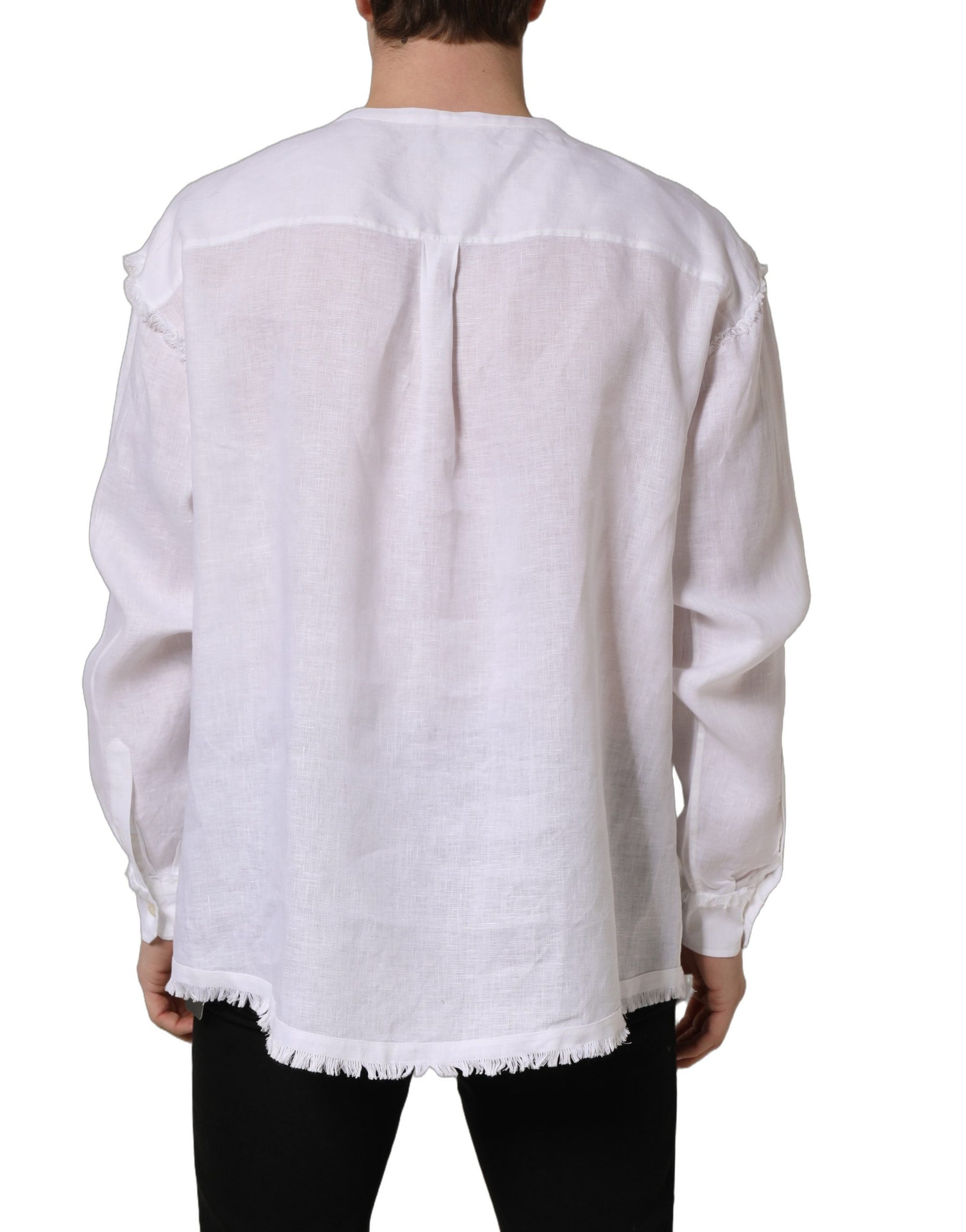 Dolce & Gabbana White Linen Logo Long Sleeves Casual Shirt | Regal Royce