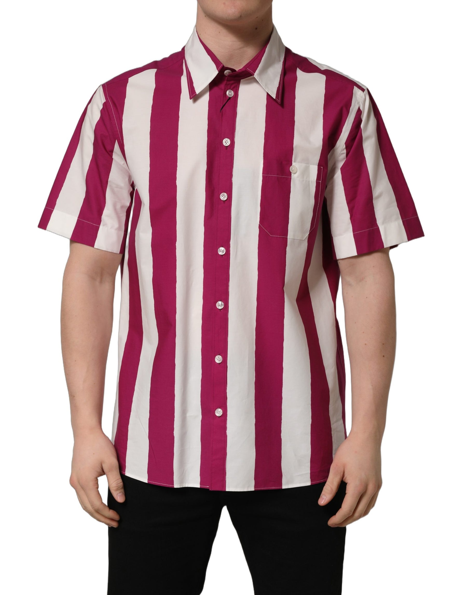 Dolce & Gabbana White Maroon Striped Men Short Sleeves Shirt | Regal Royce