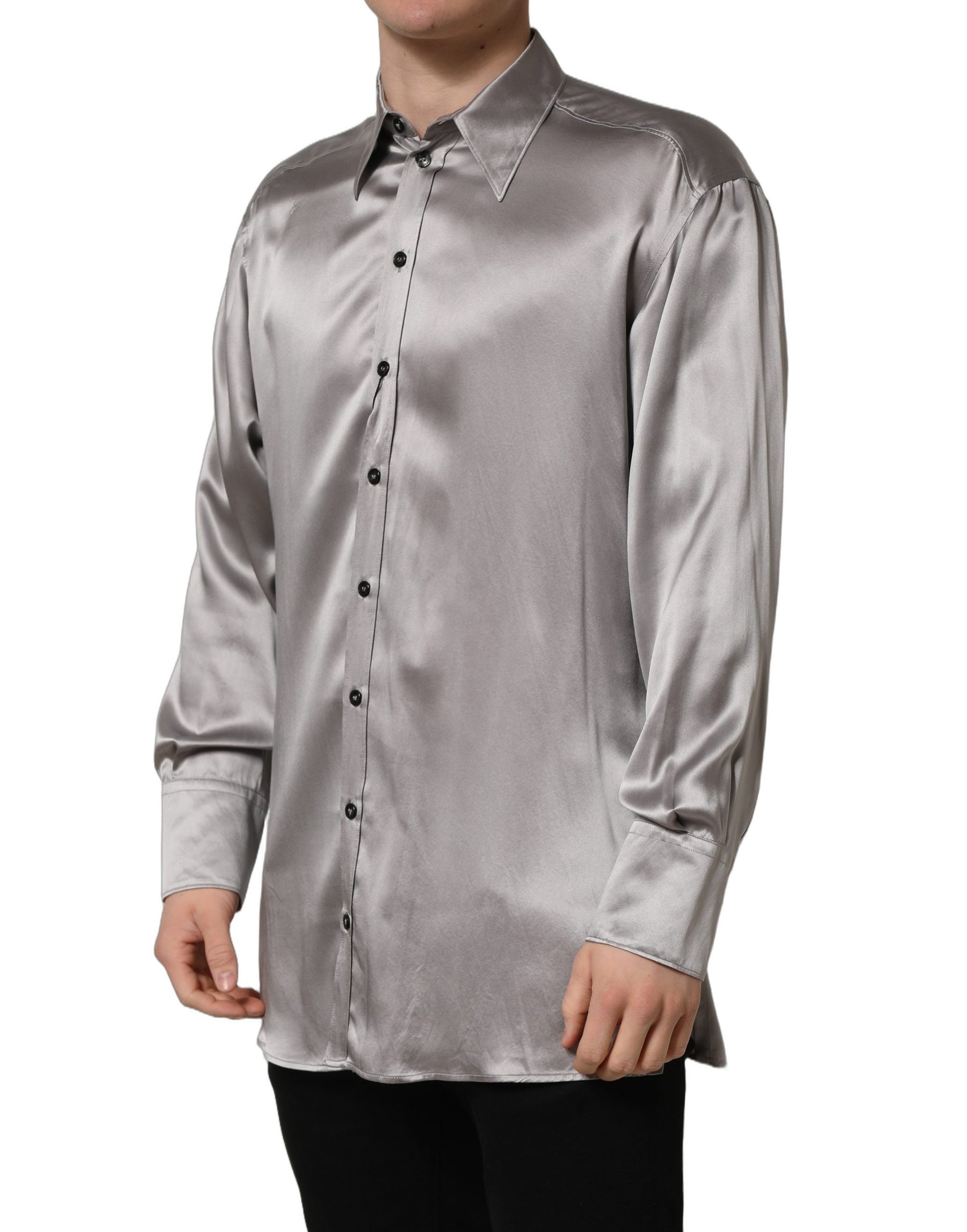 Dolce & Gabbana Metallic Grey Satin Silk Formal Dress Shirt | Regal Royce