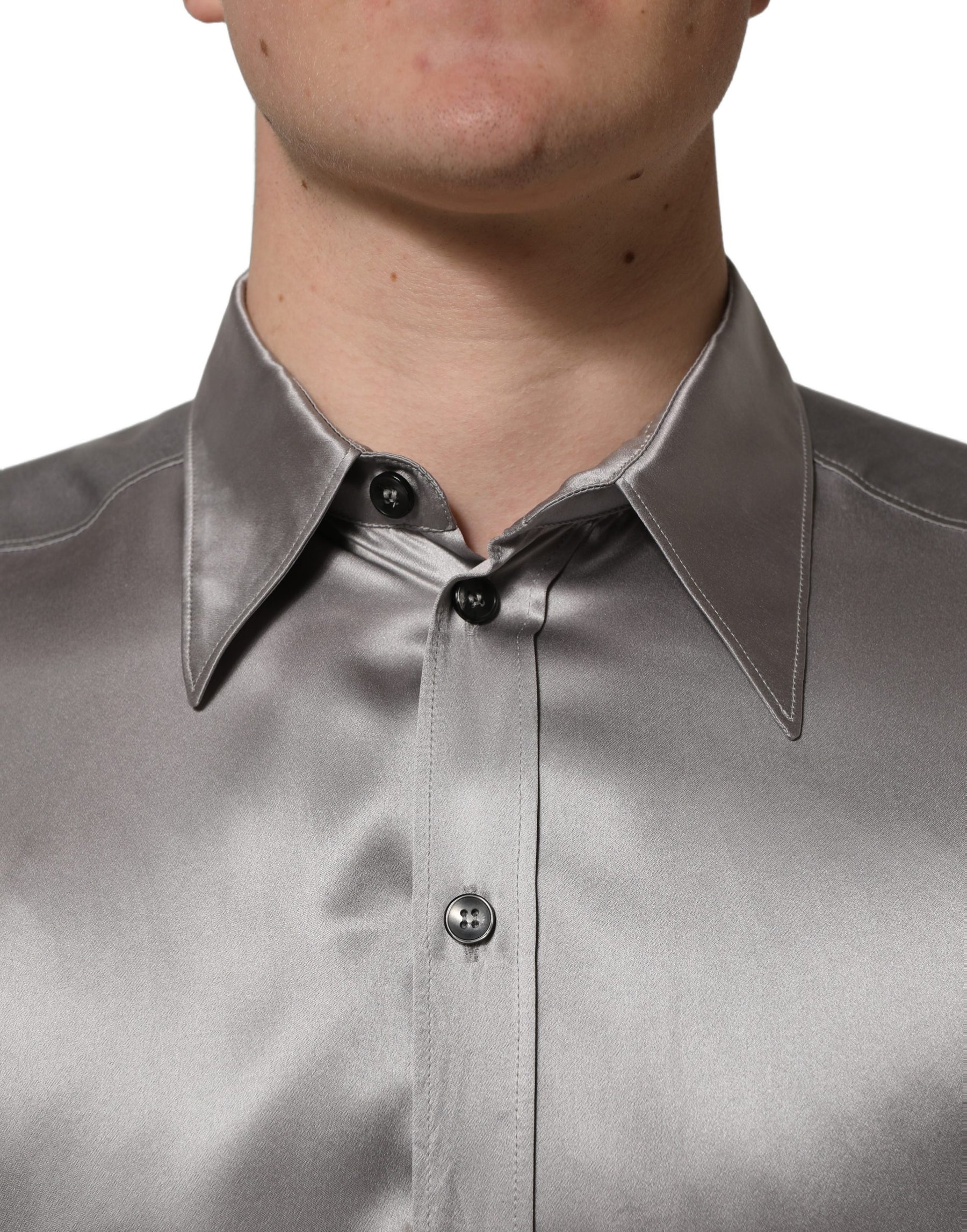 Dolce & Gabbana Metallic Grey Satin Silk Formal Dress Shirt | Regal Royce
