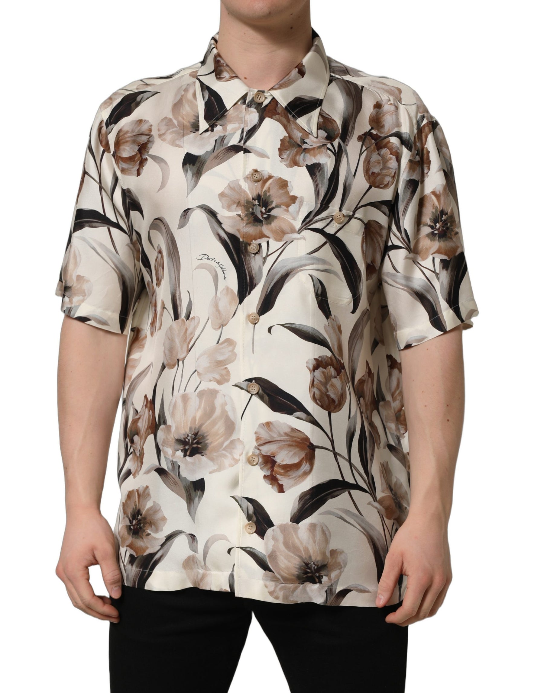 Dolce & Gabbana Beige Tulip Print Silk Short Sleeves Shirt | Regal Royce