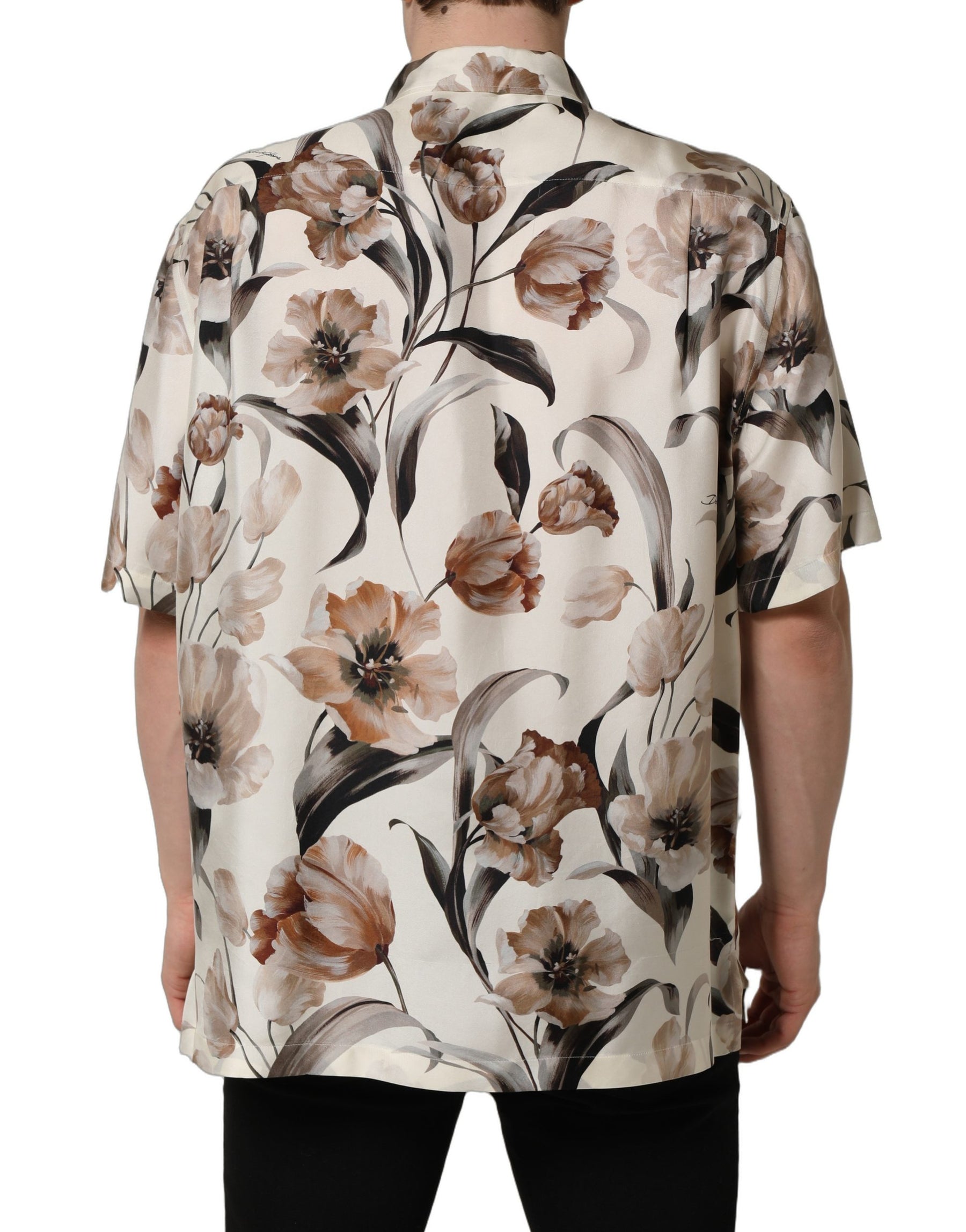 Dolce & Gabbana Beige Tulip Print Silk Short Sleeves Shirt | Regal Royce