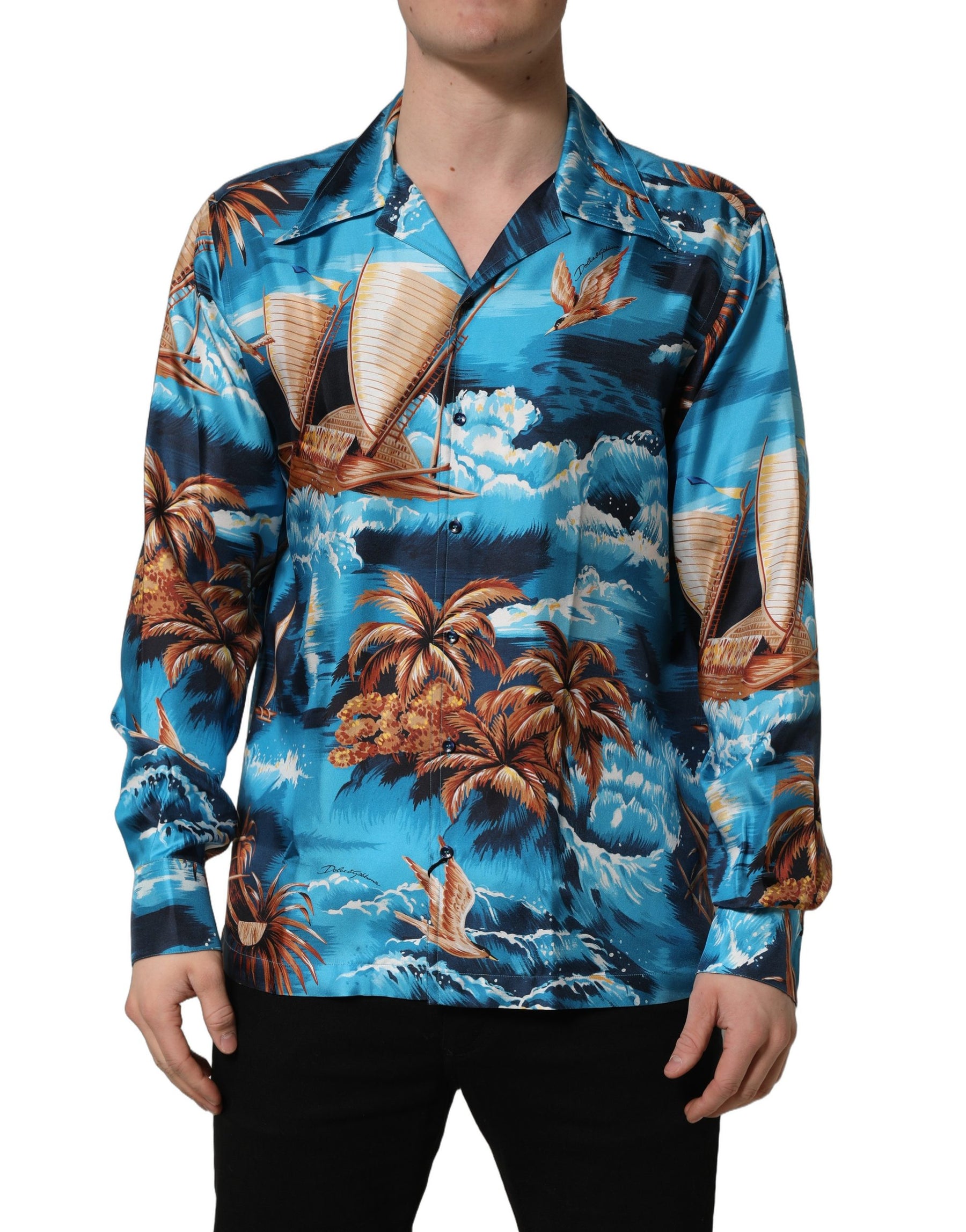 Dolce & Gabbana Blue Silk Twill Hawaiian GraphicPrint Shirt | Regal Royce