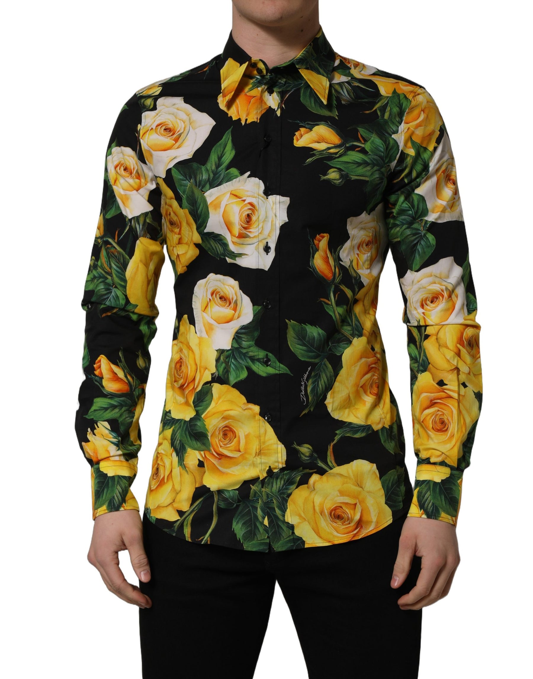 Dolce & Gabbana Black Floral Stretch Cotton SICILIA Fit Dress Shirt | Regal Royce
