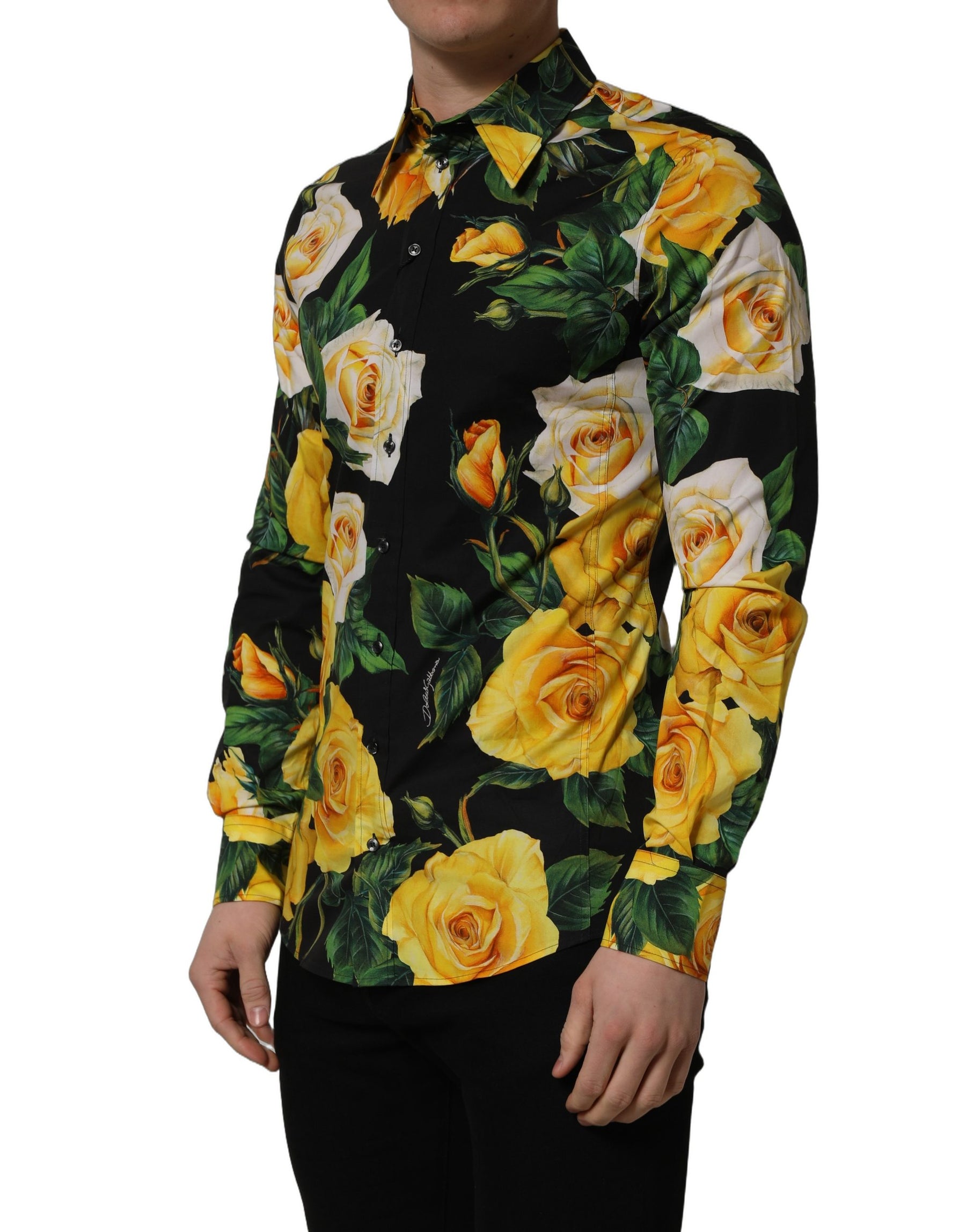 Dolce & Gabbana Black Floral Stretch Cotton SICILIA Fit Dress Shirt | Regal Royce