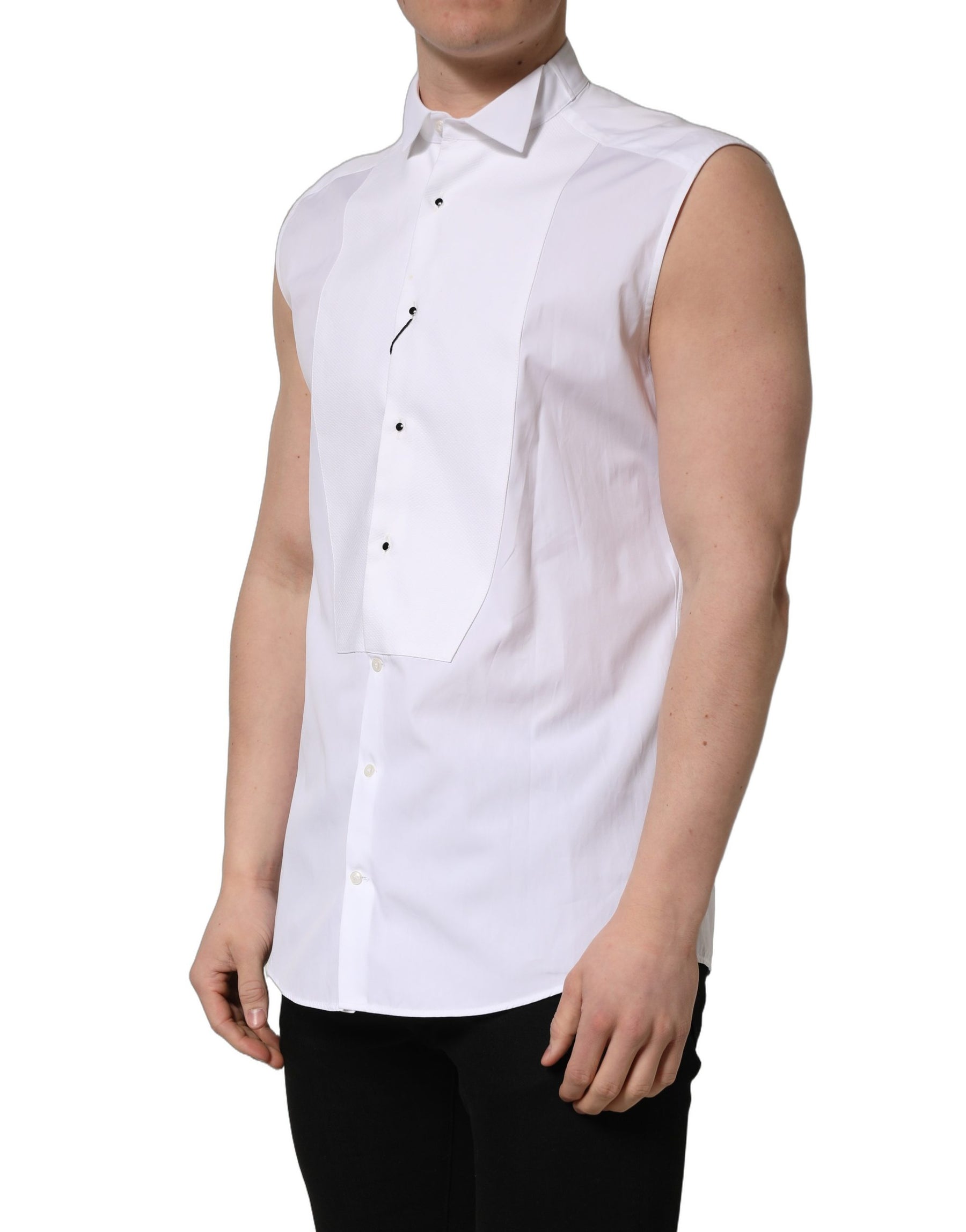Dolce & Gabbana White Cotton MARTINI Sleeveless Men Dress Shirt | Regal Royce