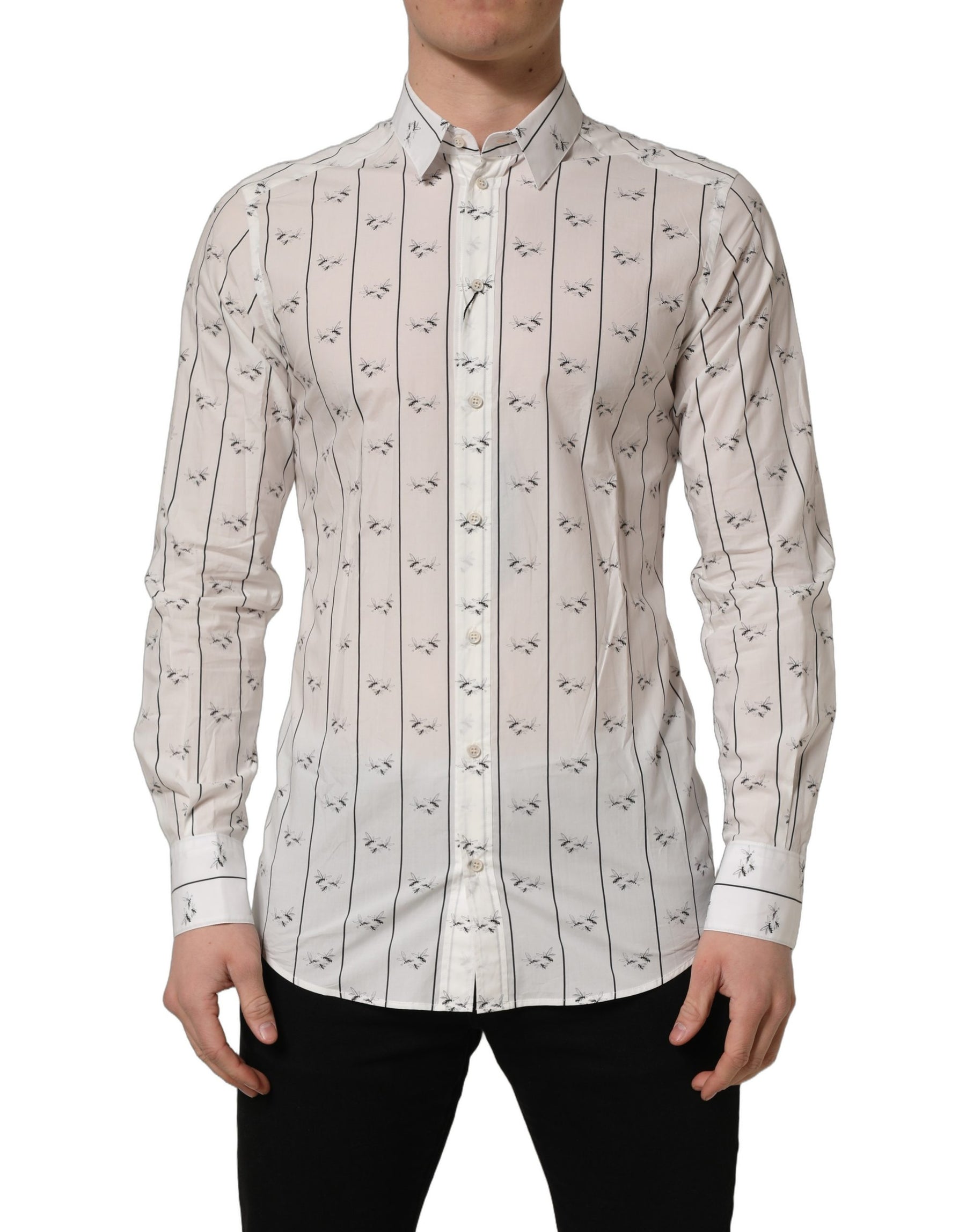 Dolce & Gabbana White Bee Print Cotton GOLD Fit Dress Shirt | Regal Royce