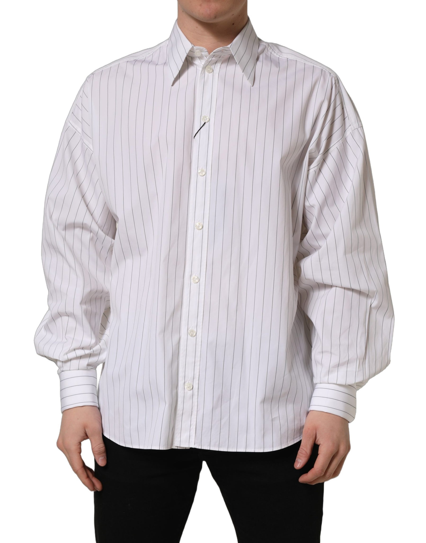 Dolce & Gabbana White Stripes Cotton Men Formal Dress Shirt | Regal Royce