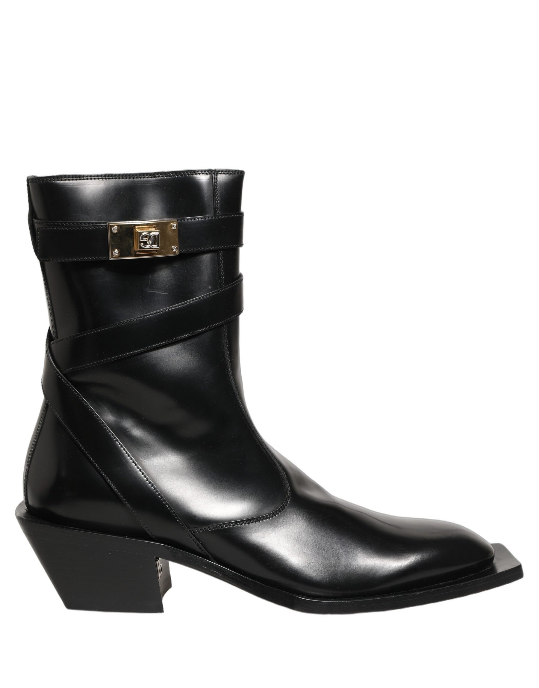 Dolce & Gabbana Black Leather DG Plaque Mid Calf Boots Shoes | Regal Royce