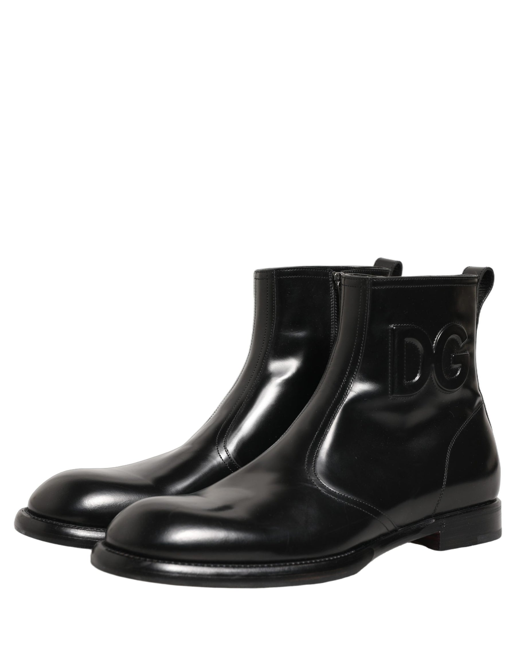 Dolce & Gabbana Black Leather Embossed Logo Ankle Boots Shoes | Regal Royce