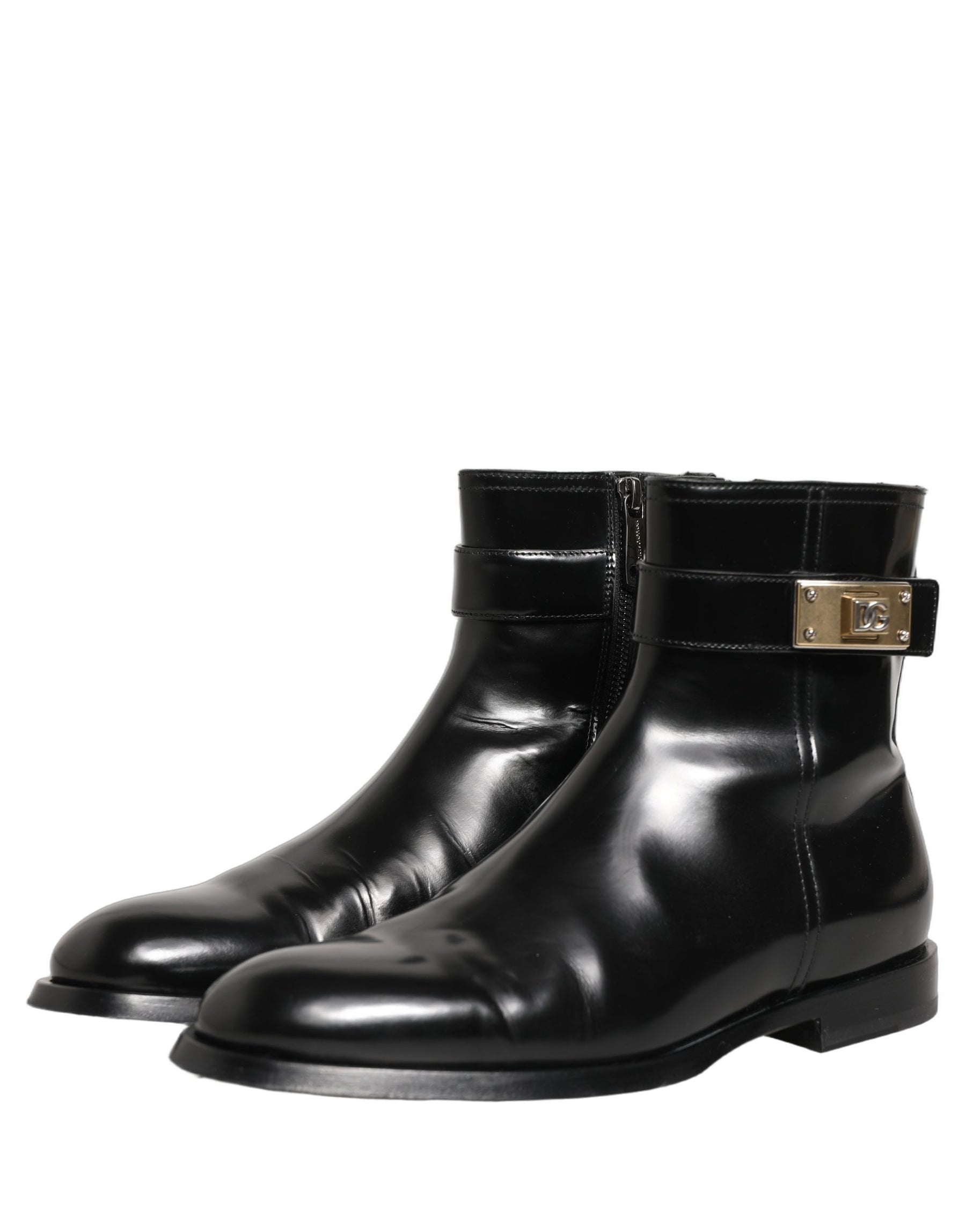 Dolce & Gabbana Black Leather Logo Buckle Mid Calf Boots Shoes | Regal Royce