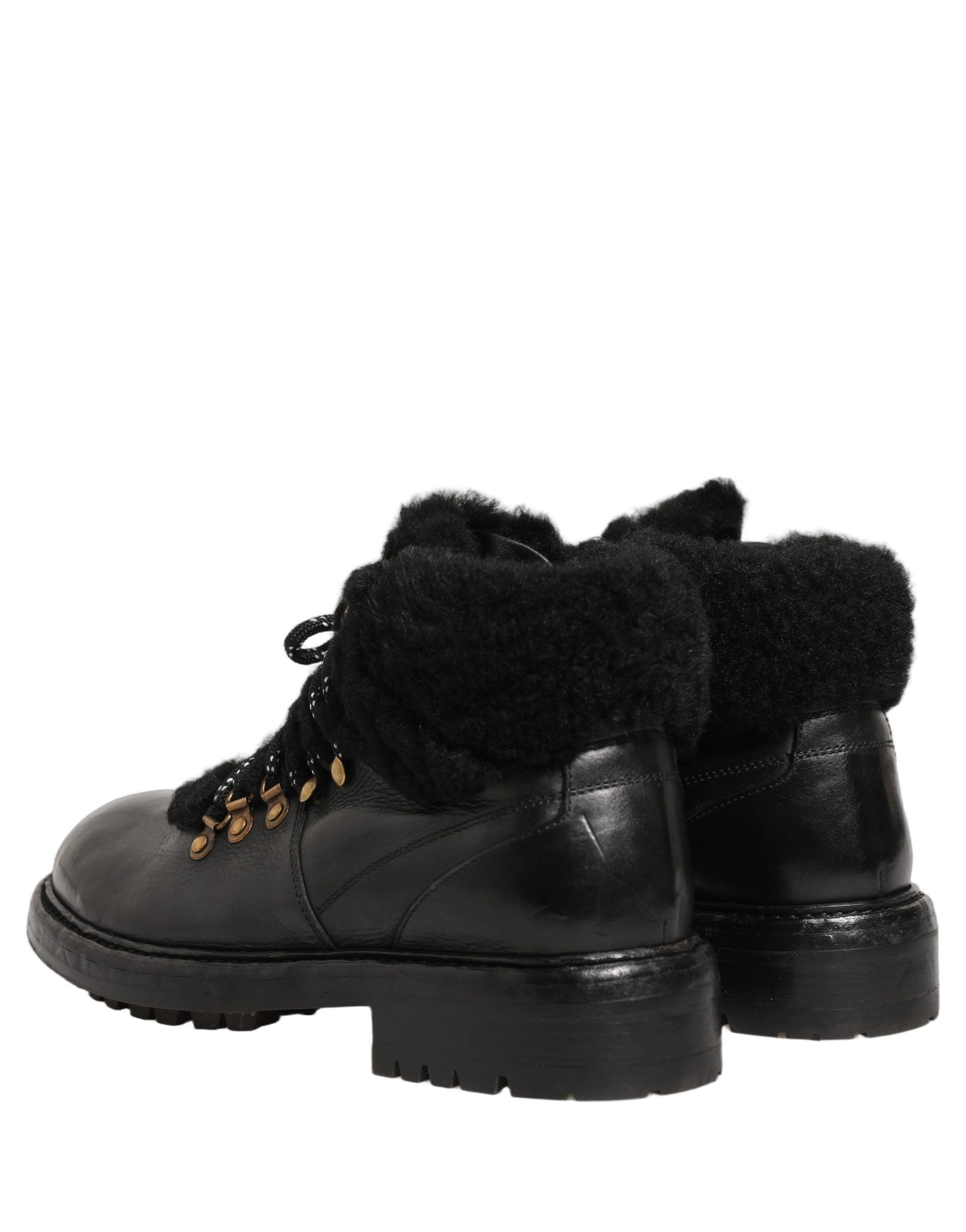 Dolce & Gabbana Black Trekking Fur Lace Leather Boots Shoes | Regal Royce
