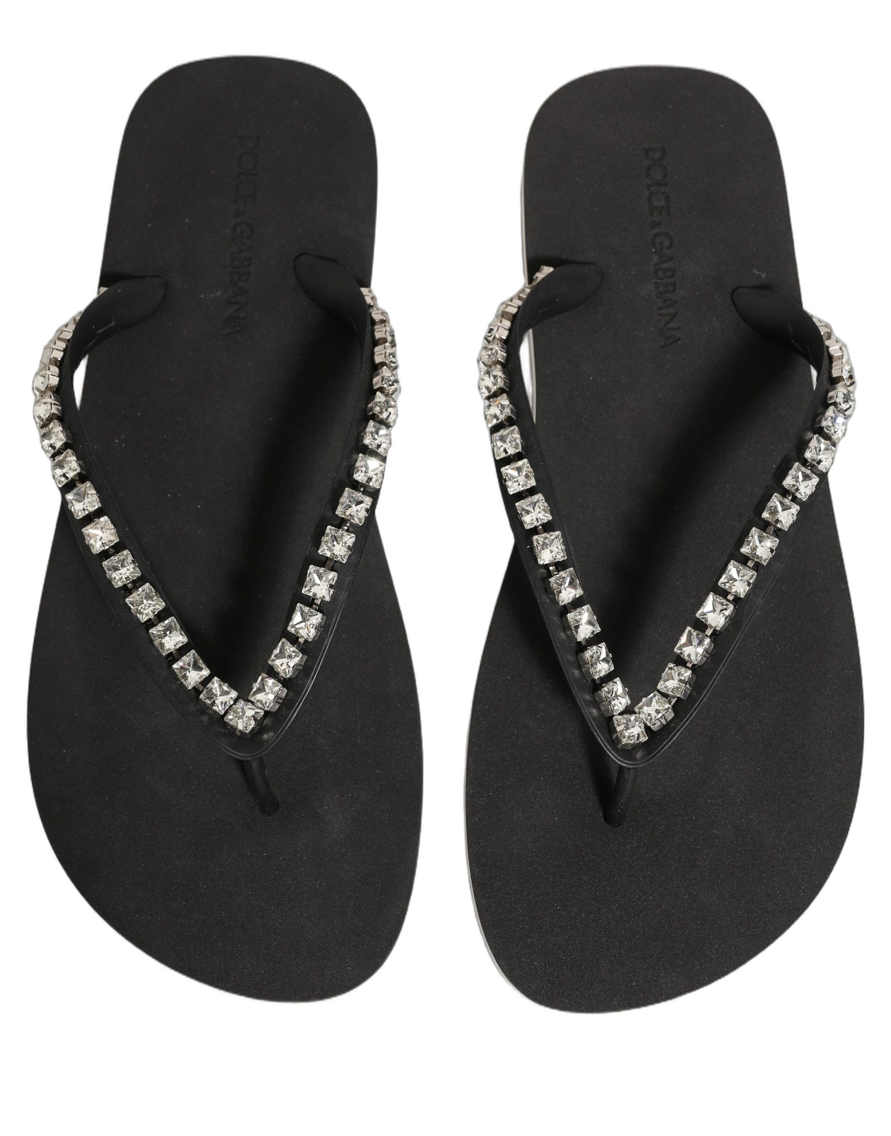 Dolce & Gabbana Black Embellished Rubber Flip Flops Men Shoes | Regal Royce