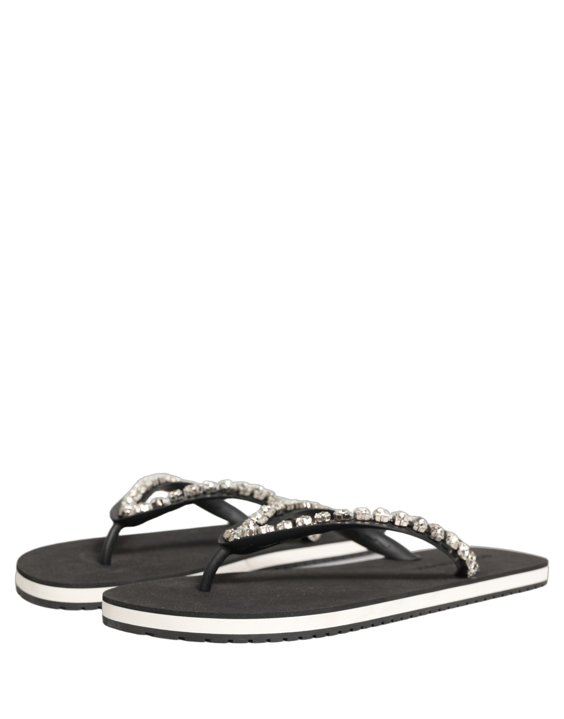 Dolce & Gabbana Black Embellished Rubber Flip Flops Men Shoes | Regal Royce