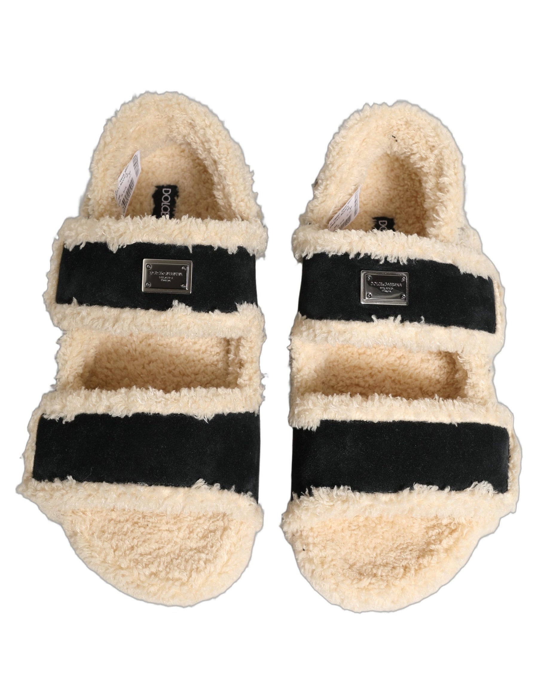 Dolce & Gabbana Beige Black Faux Fur Flats Men Sandals Shoes | Regal Royce